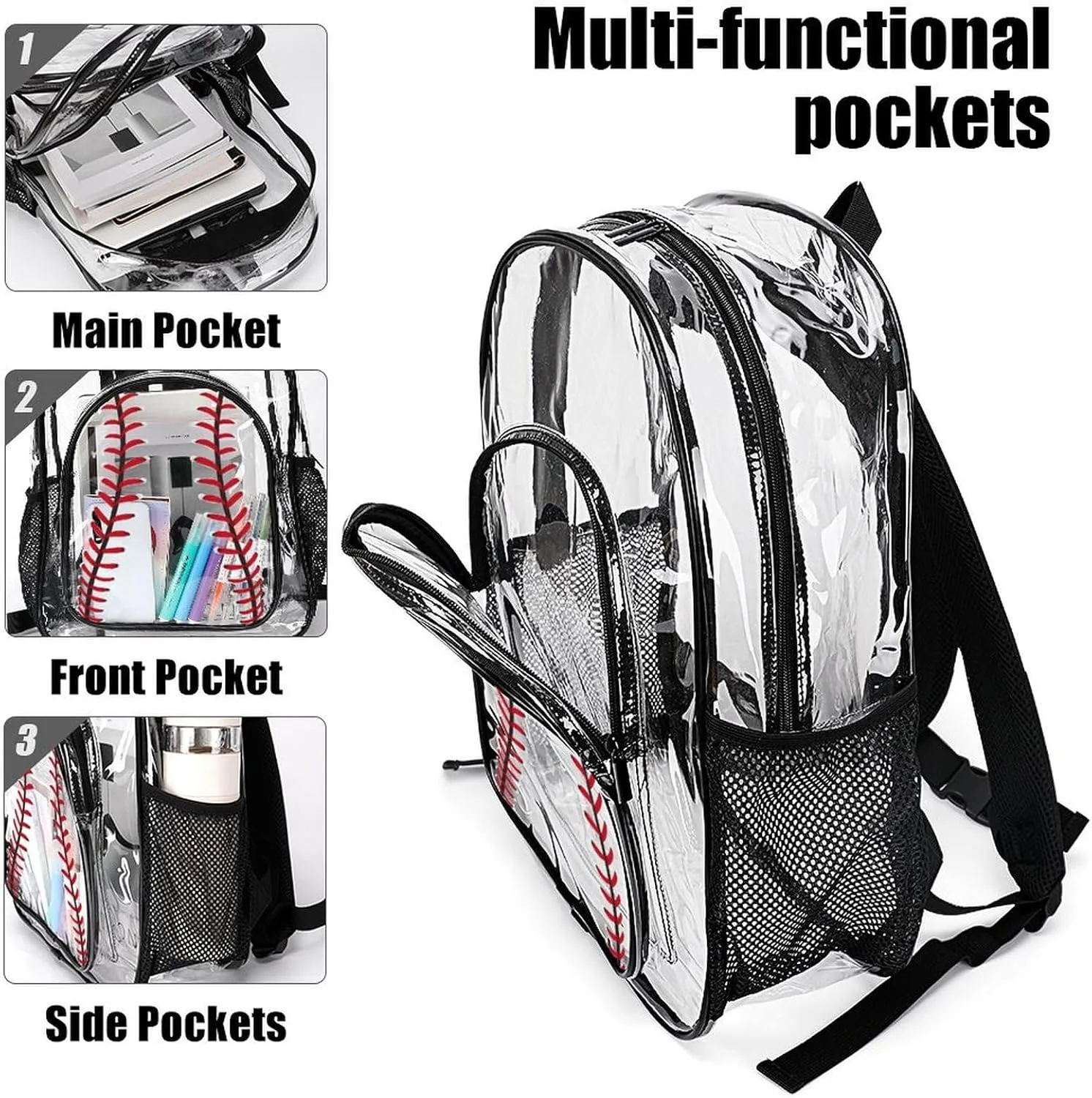 Baseball Clear Backpack Heavy Duty for Girls Kids Boys Women Men - PVC Baseball Printing Transparent Backpack for Schools Stadium Concerts Work - Clear/Black