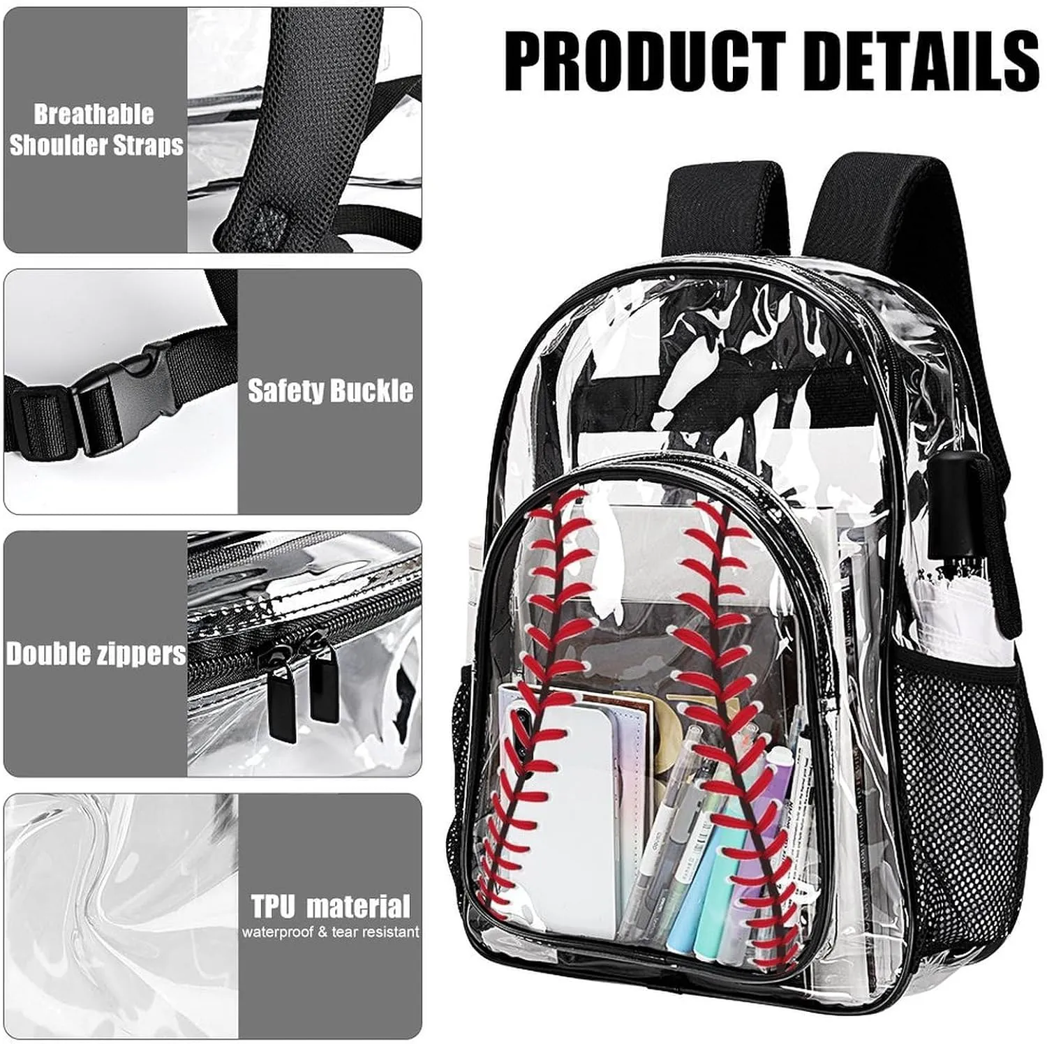 Baseball Clear Backpack Heavy Duty for Girls Kids Boys Women Men - PVC Baseball Printing Transparent Backpack for Schools Stadium Concerts Work - Clear/Black