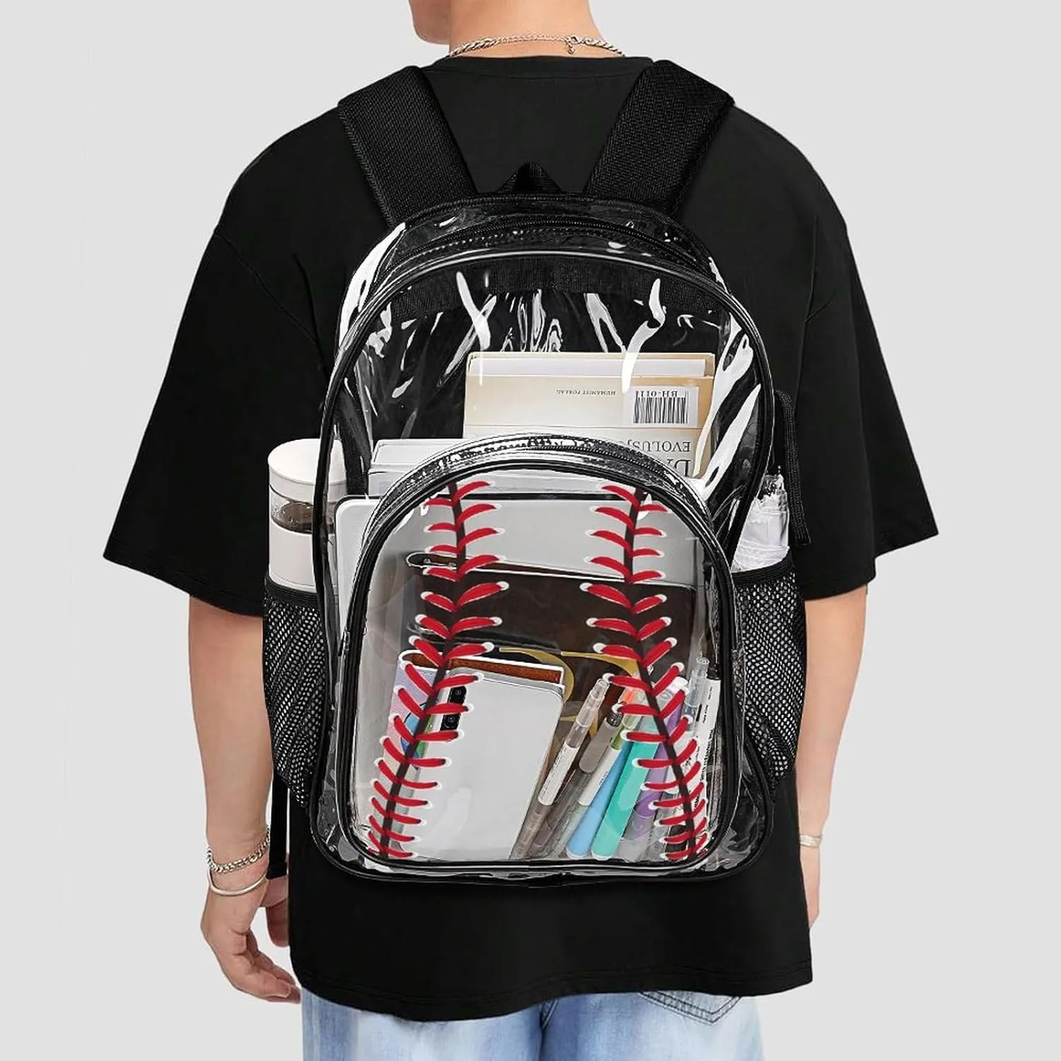 Baseball Clear Backpack Heavy Duty for Girls Kids Boys Women Men - PVC Baseball Printing Transparent Backpack for Schools Stadium Concerts Work - Clear/Black