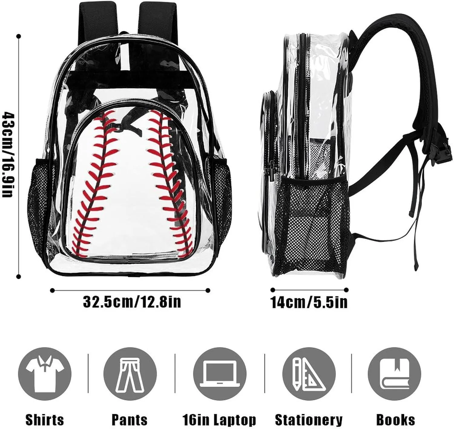 Baseball Clear Backpack Heavy Duty for Girls Kids Boys Women Men - PVC Baseball Printing Transparent Backpack for Schools Stadium Concerts Work - Clear/Black