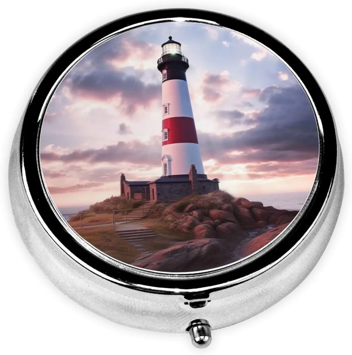 Beauty Lighthouse Pill Box Round Pill Case for Pocket Purse 3 Compartment Medicine Pill Organizer Cute Portable Travel Pillbox Vitamin Cod Liver Oil Storage Box Unique Gift Organizer