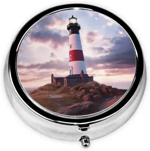 Beauty Lighthouse Pill Box Round Pill Case for Pocket Purse 3 Compartment Medicine Pill Organizer Cute Portable Travel Pillbox Vitamin Cod Liver Oil Storage Box Unique Gift Organizer