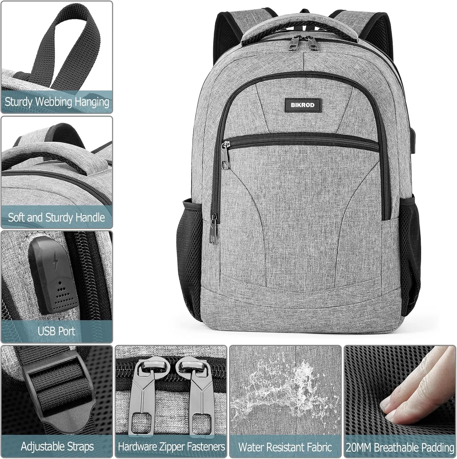 BIKROD Travel Laptop Backpacks for School Teen Boys Colleges Bookbag Water Resistant Back Pack with USB Charging Port, Business Anti Theft Sturdy Computer Bag Gifts Fits 17.3 Inch Laptop, Grey