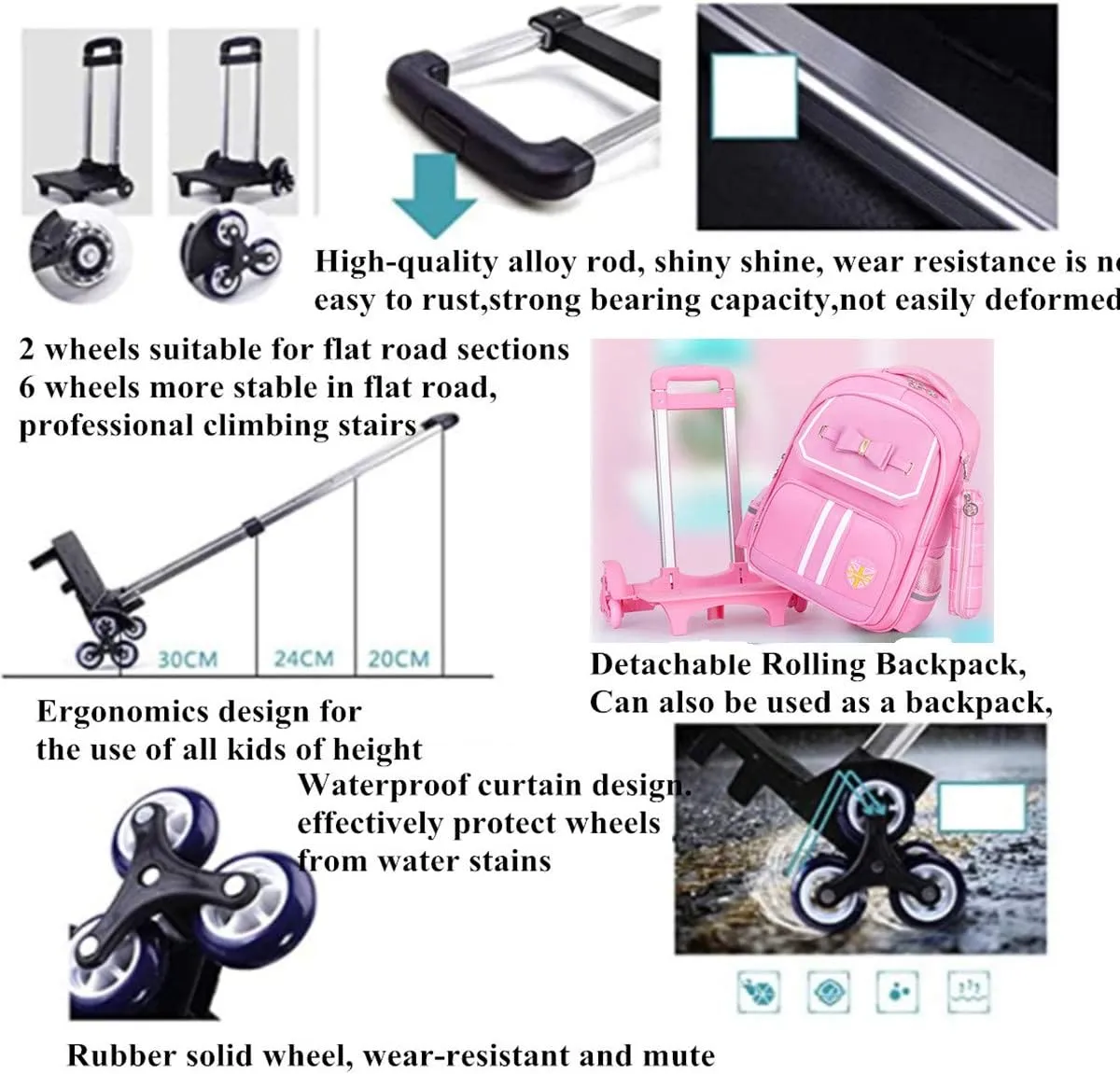 Bowknot Kids Girls Rolling Backpack Cute Carry-on Luggage with Wheels Trolly BookBag for School-6 Wheels