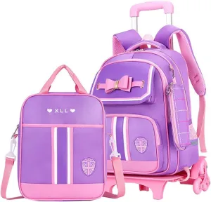 Bowknot Kids Girls Rolling Backpack Cute Carry-on Luggage with Wheels Trolly BookBag for School-6 Wheels