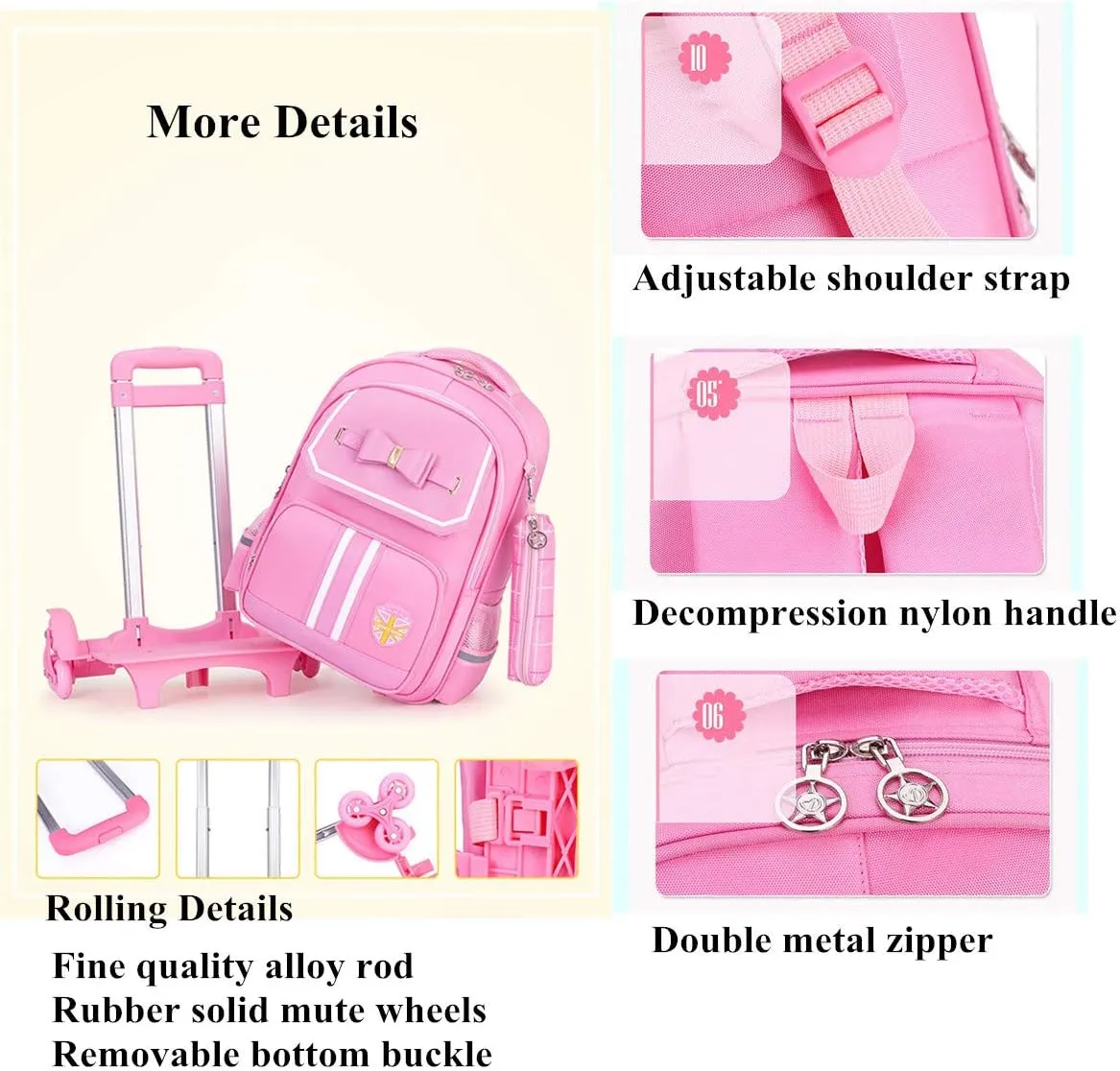 Bowknot Kids Girls Rolling Backpack Cute Carry-on Luggage with Wheels Trolly BookBag for School-6 Wheels