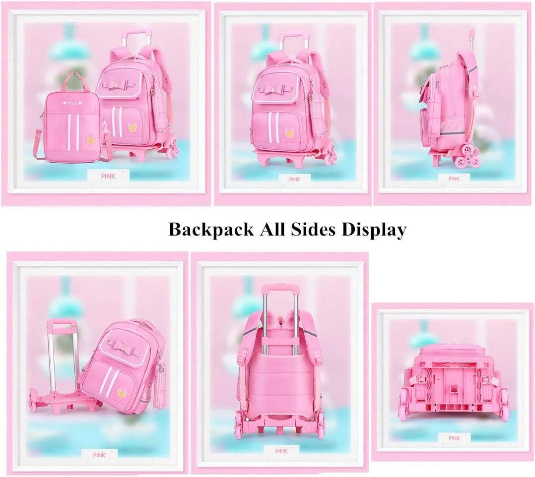 Bowknot Kids Girls Rolling Backpack Cute Carry-on Luggage with Wheels Trolly BookBag for School-6 Wheels