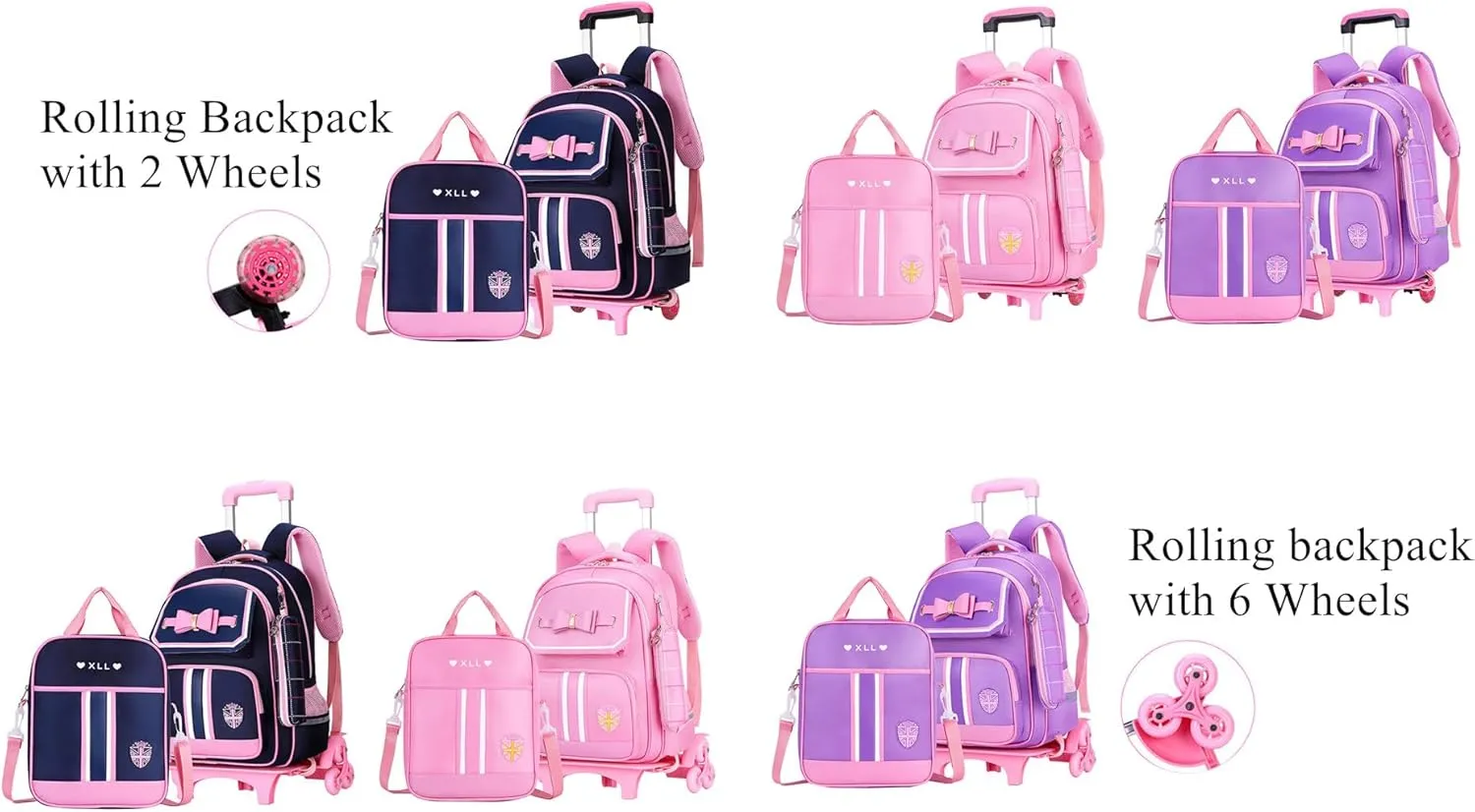 Bowknot Kids Girls Rolling Backpack Cute Carry-on Luggage with Wheels Trolly BookBag for School-6 Wheels