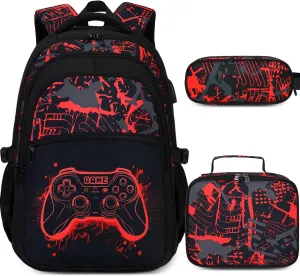 Boys Backpack for School, 3PCS Cool Luminous Gamer Backpack for Boys with Lunch Box Pencil Case, Kids Backpacks Bookbag for Teen Boys Elementary Middle High School with USB Charging Port