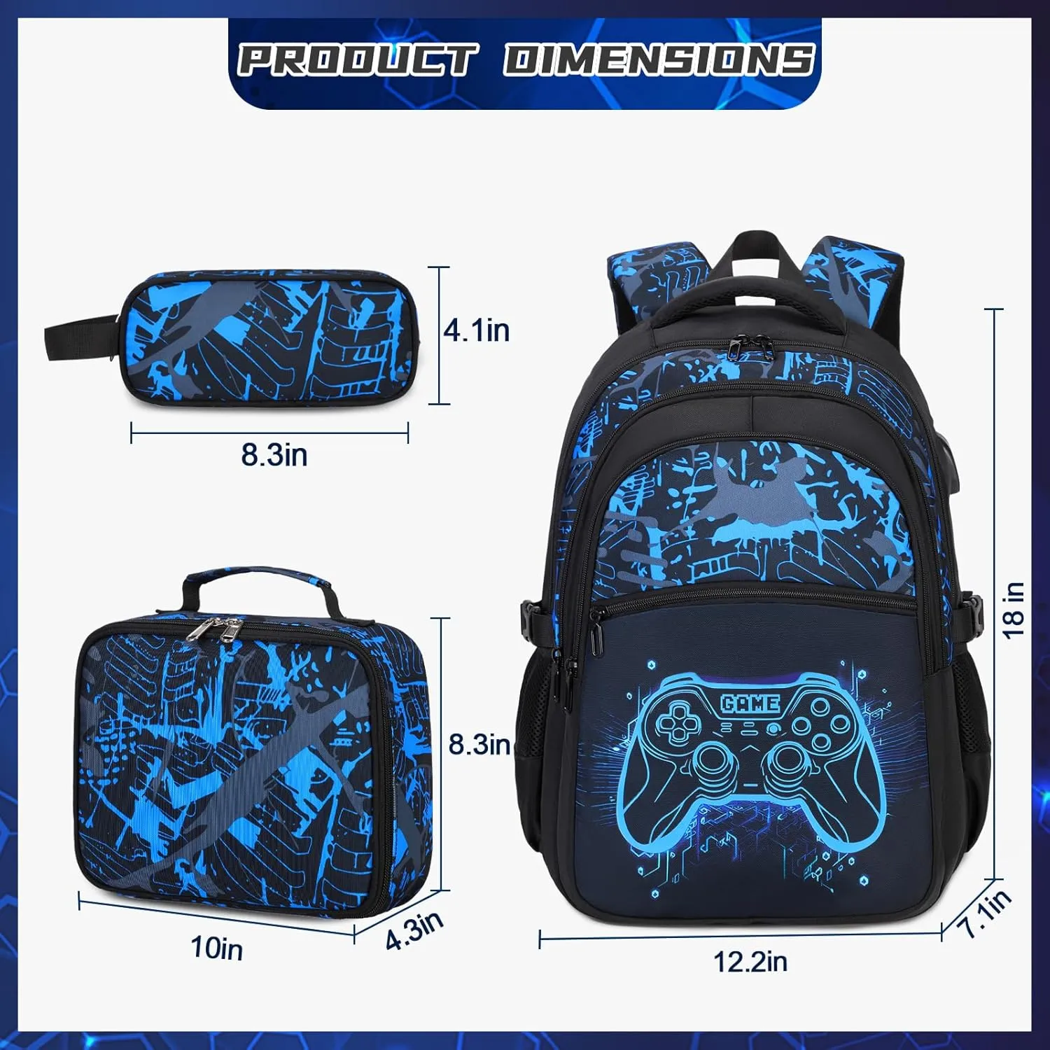 Boys Backpack for School, 3PCS Cool Luminous Gamer Backpack for Boys with Lunch Box Pencil Case, Kids Backpacks Bookbag for Teen Boys Elementary Middle High School with USB Charging Port