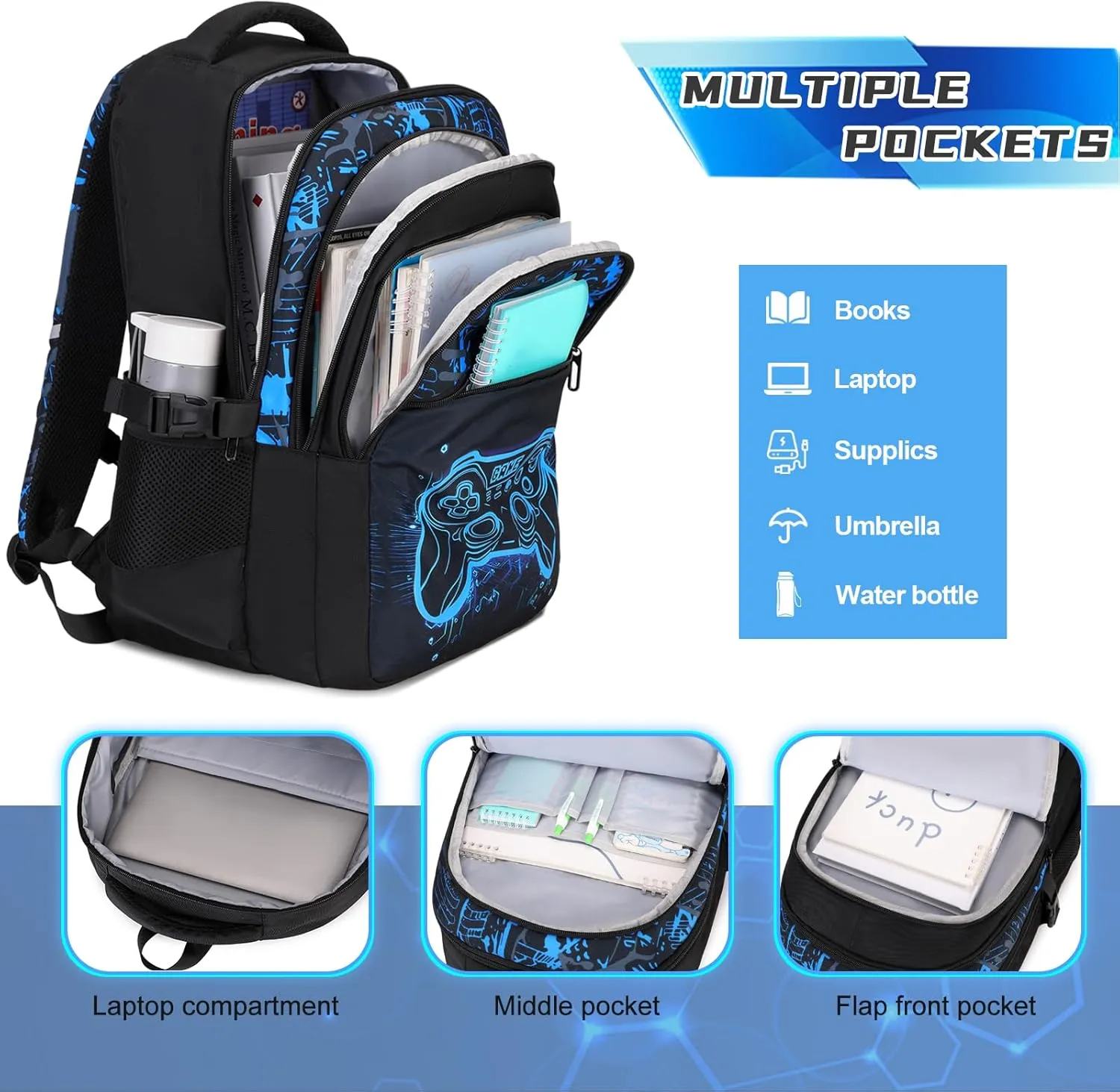 Boys Backpack for School, 3PCS Cool Luminous Gamer Backpack for Boys with Lunch Box Pencil Case, Kids Backpacks Bookbag for Teen Boys Elementary Middle High School with USB Charging Port