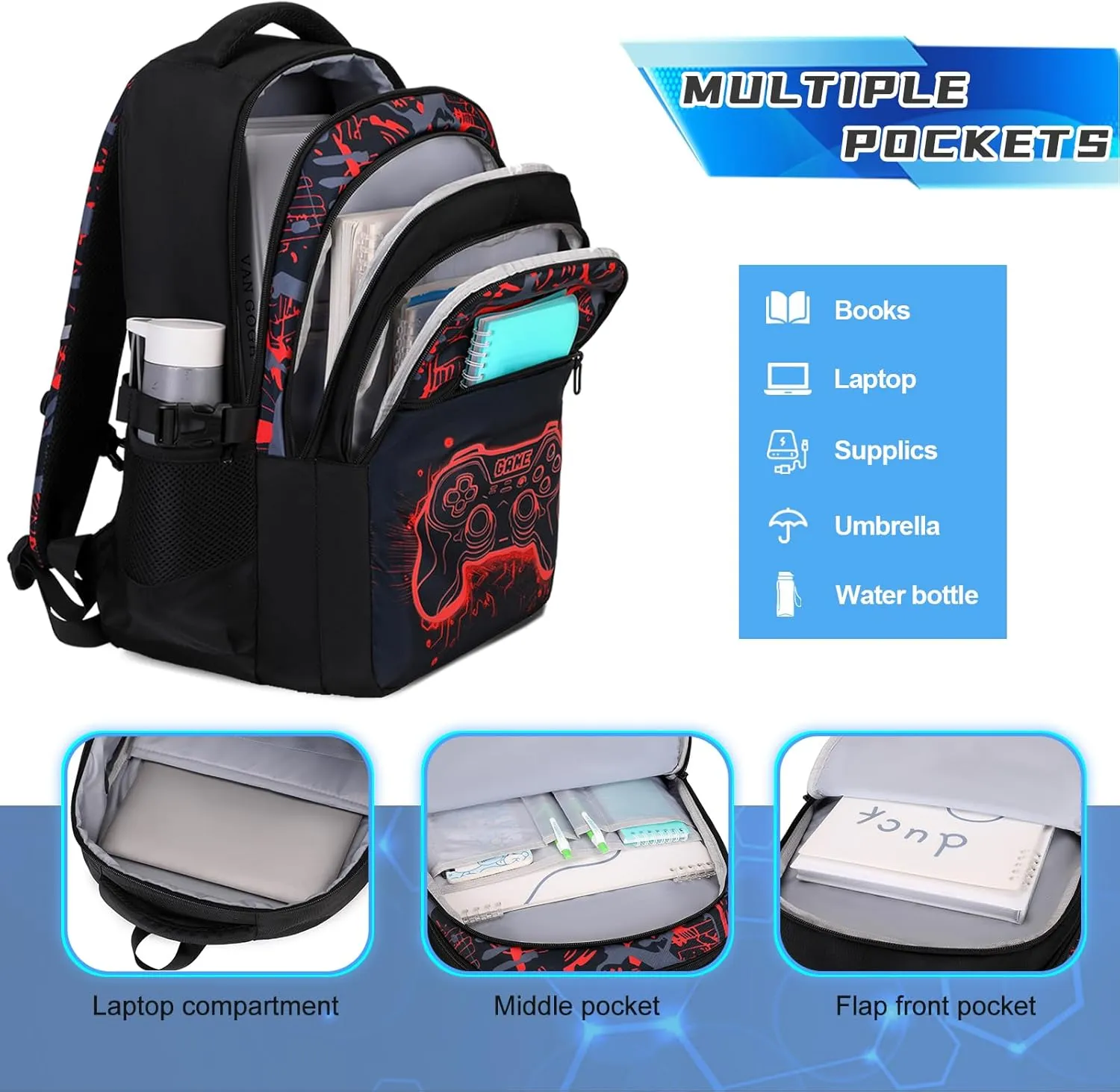 Boys Backpack for School, 3PCS Cool Luminous Gamer Backpack for Boys with Lunch Box Pencil Case, Kids Backpacks Bookbag for Teen Boys Elementary Middle High School with USB Charging Port