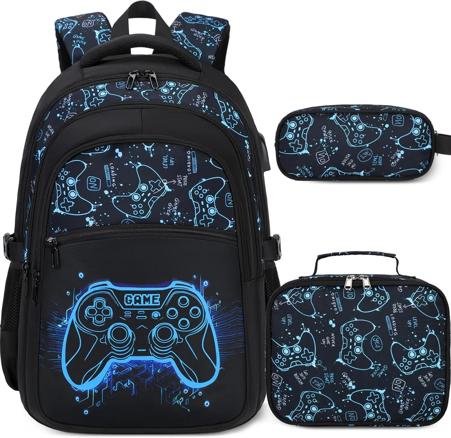Boys Backpack for School, 3PCS Cool Luminous Gamer Backpack for Boys with Lunch Box Pencil Case, Kids Backpacks Bookbag for Teen Boys Elementary Middle High School with USB Charging Port