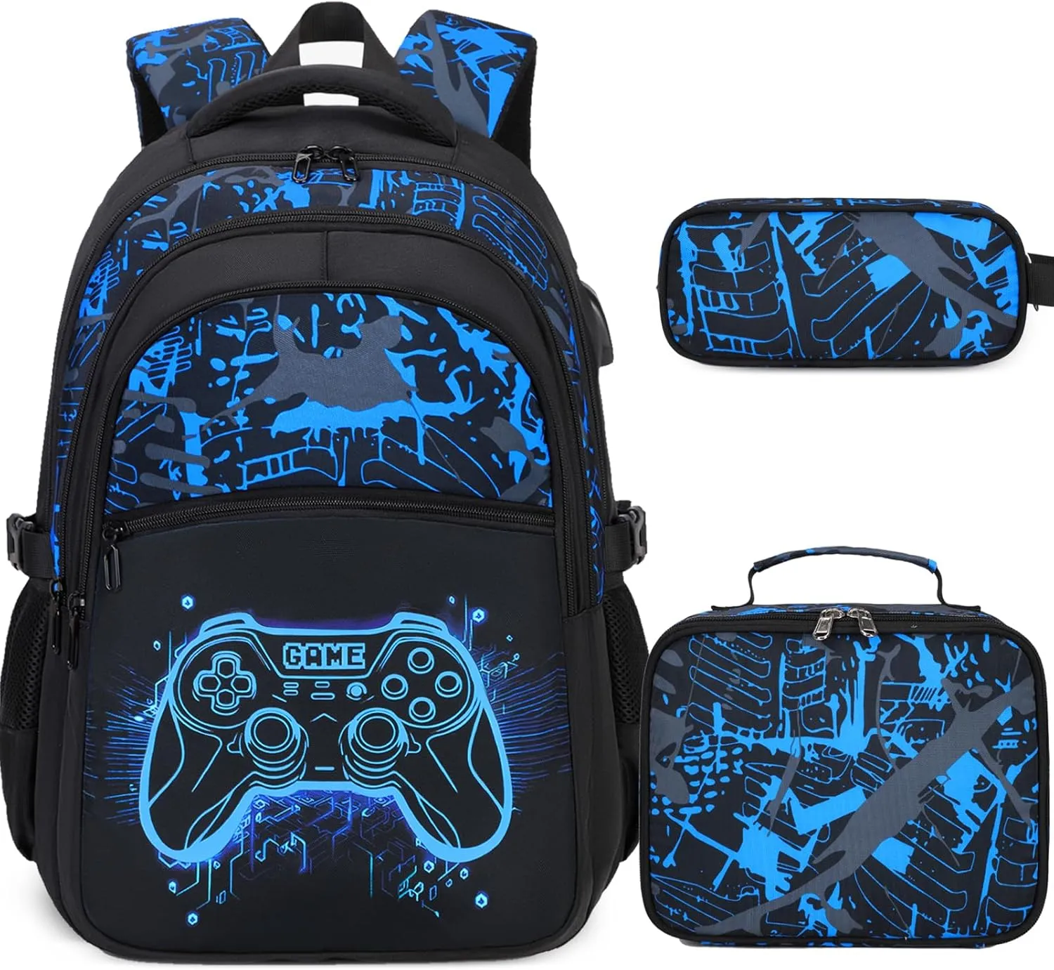Boys Backpack for School, 3PCS Cool Luminous Gamer Backpack for Boys with Lunch Box Pencil Case, Kids Backpacks Bookbag for Teen Boys Elementary Middle High School with USB Charging Port