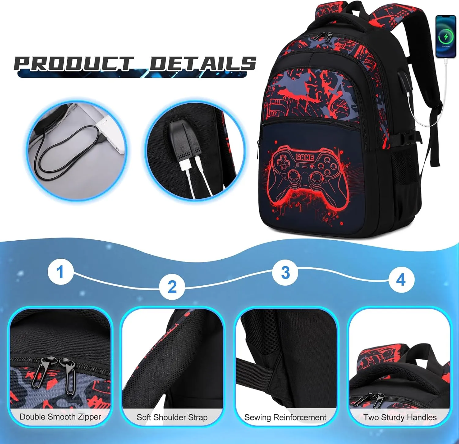 Boys Backpack for School, 3PCS Cool Luminous Gamer Backpack for Boys with Lunch Box Pencil Case, Kids Backpacks Bookbag for Teen Boys Elementary Middle High School with USB Charging Port