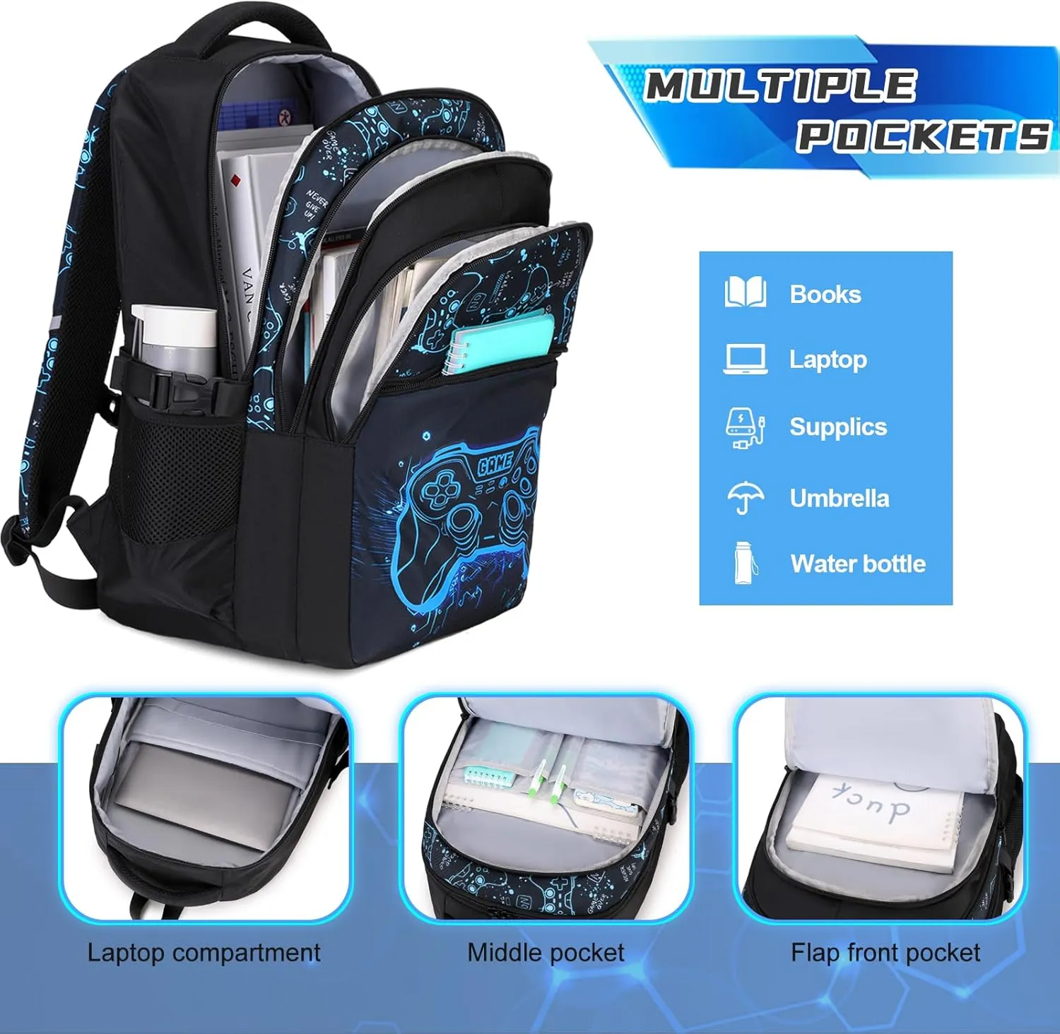 Boys Backpack for School, 3PCS Cool Luminous Gamer Backpack for Boys with Lunch Box Pencil Case, Kids Backpacks Bookbag for Teen Boys Elementary Middle High School with USB Charging Port