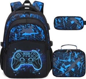 Boys Backpack for School, 3PCS Cool Luminous Gamer Backpack for Boys with Lunch Box Pencil Case, Kids Backpacks Bookbag for Teen Boys Elementary Middle High School with USB Charging Port