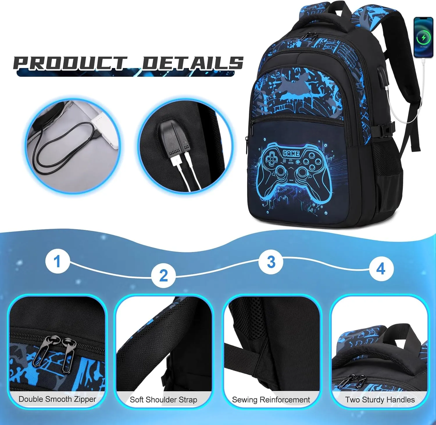 Boys Backpack for School, 3PCS Cool Luminous Gamer Backpack for Boys with Lunch Box Pencil Case, Kids Backpacks Bookbag for Teen Boys Elementary Middle High School with USB Charging Port