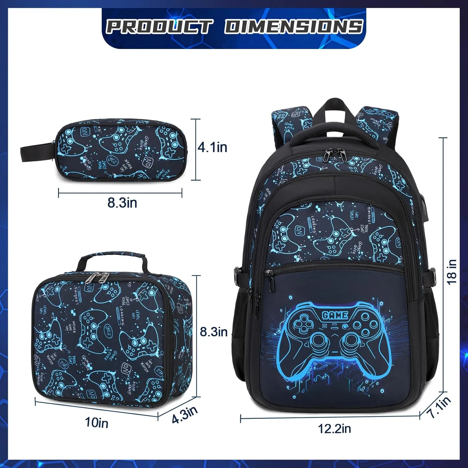 Boys Backpack for School, 3PCS Cool Luminous Gamer Backpack for Boys with Lunch Box Pencil Case, Kids Backpacks Bookbag for Teen Boys Elementary Middle High School with USB Charging Port
