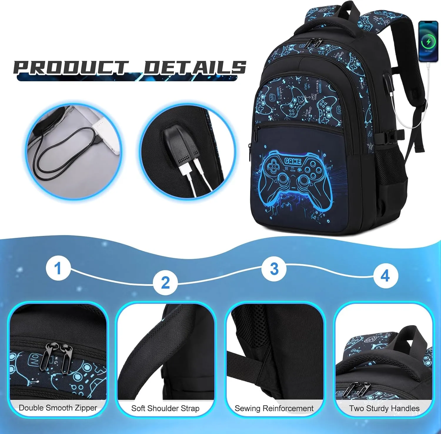 Boys Backpack for School, 3PCS Cool Luminous Gamer Backpack for Boys with Lunch Box Pencil Case, Kids Backpacks Bookbag for Teen Boys Elementary Middle High School with USB Charging Port
