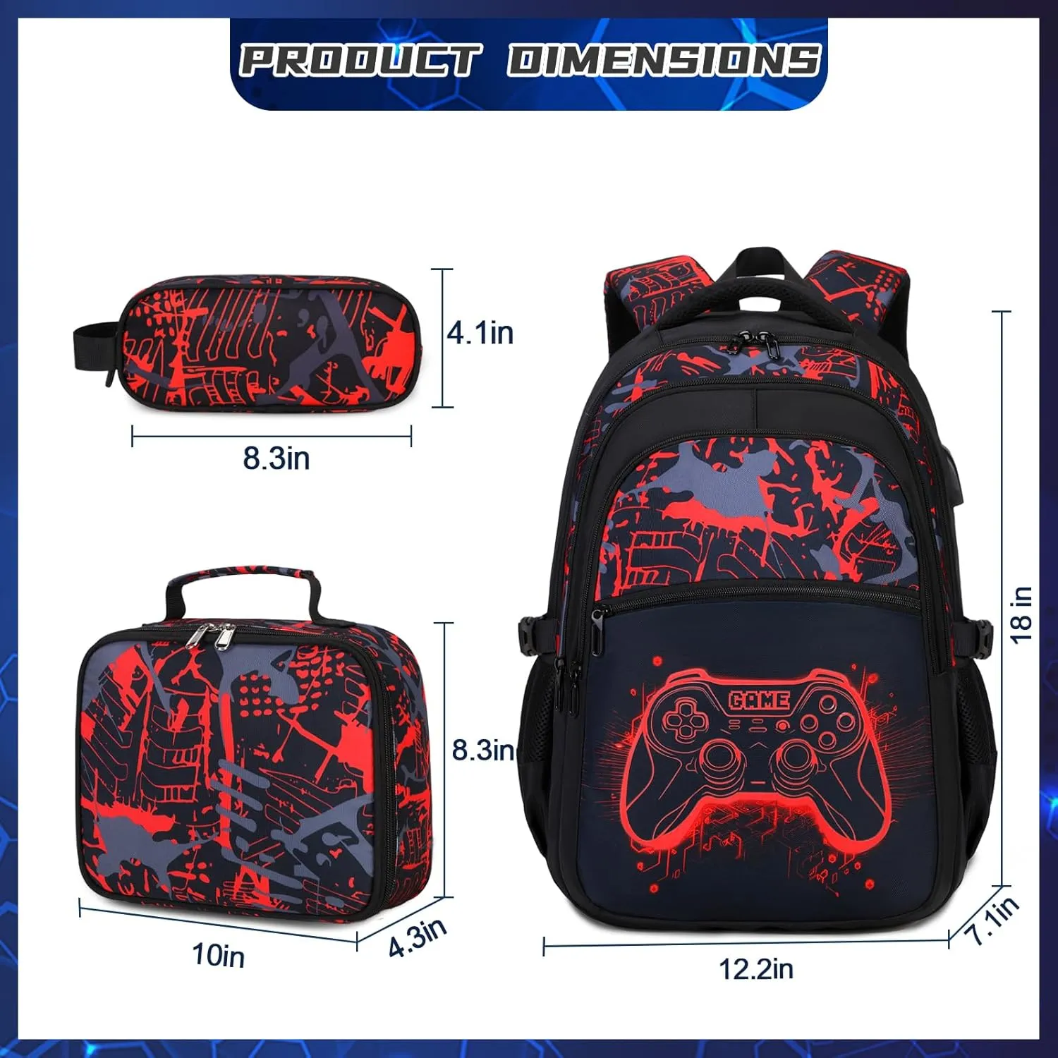 Boys Backpack for School, 3PCS Cool Luminous Gamer Backpack for Boys with Lunch Box Pencil Case, Kids Backpacks Bookbag for Teen Boys Elementary Middle High School with USB Charging Port