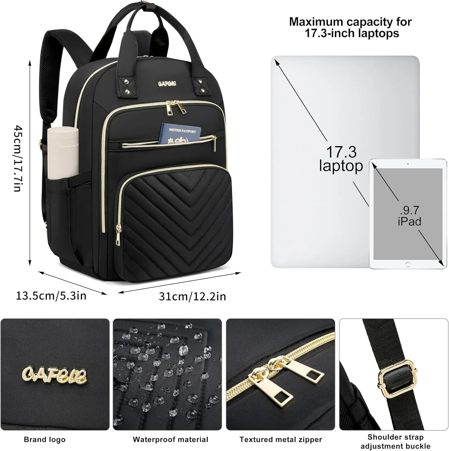 CAFELE Convertible 17.3 Inch Laptop Backpack for Women, Water Resistant Travel Work Black Backpacks Purse Business Teacher Nurse Computer Bag with USB Port,Quilted Black(2325H-01)