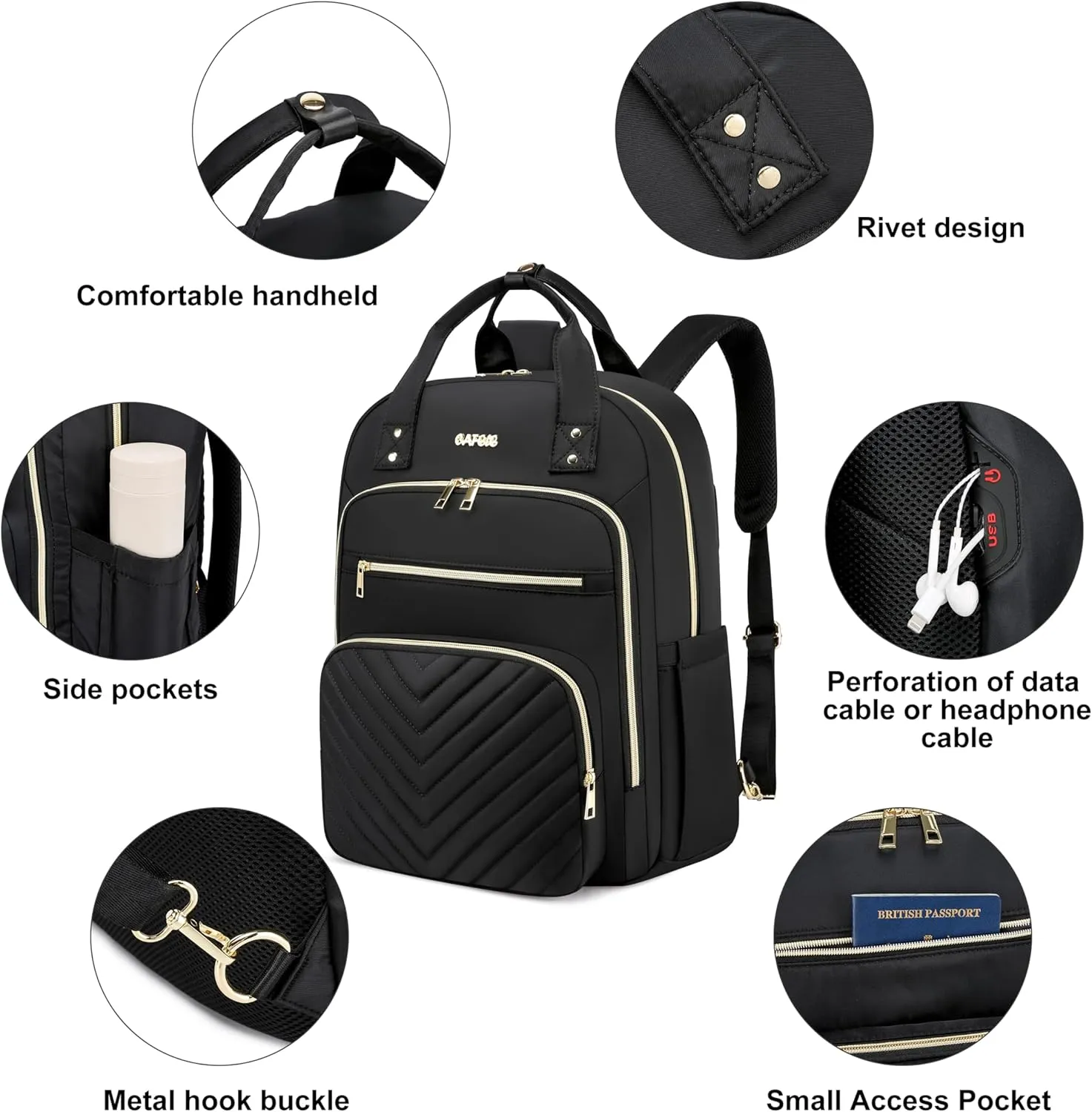 CAFELE Convertible 17.3 Inch Laptop Backpack for Women, Water Resistant Travel Work Black Backpacks Purse Business Teacher Nurse Computer Bag with USB Port,Quilted Black(2325H-01)