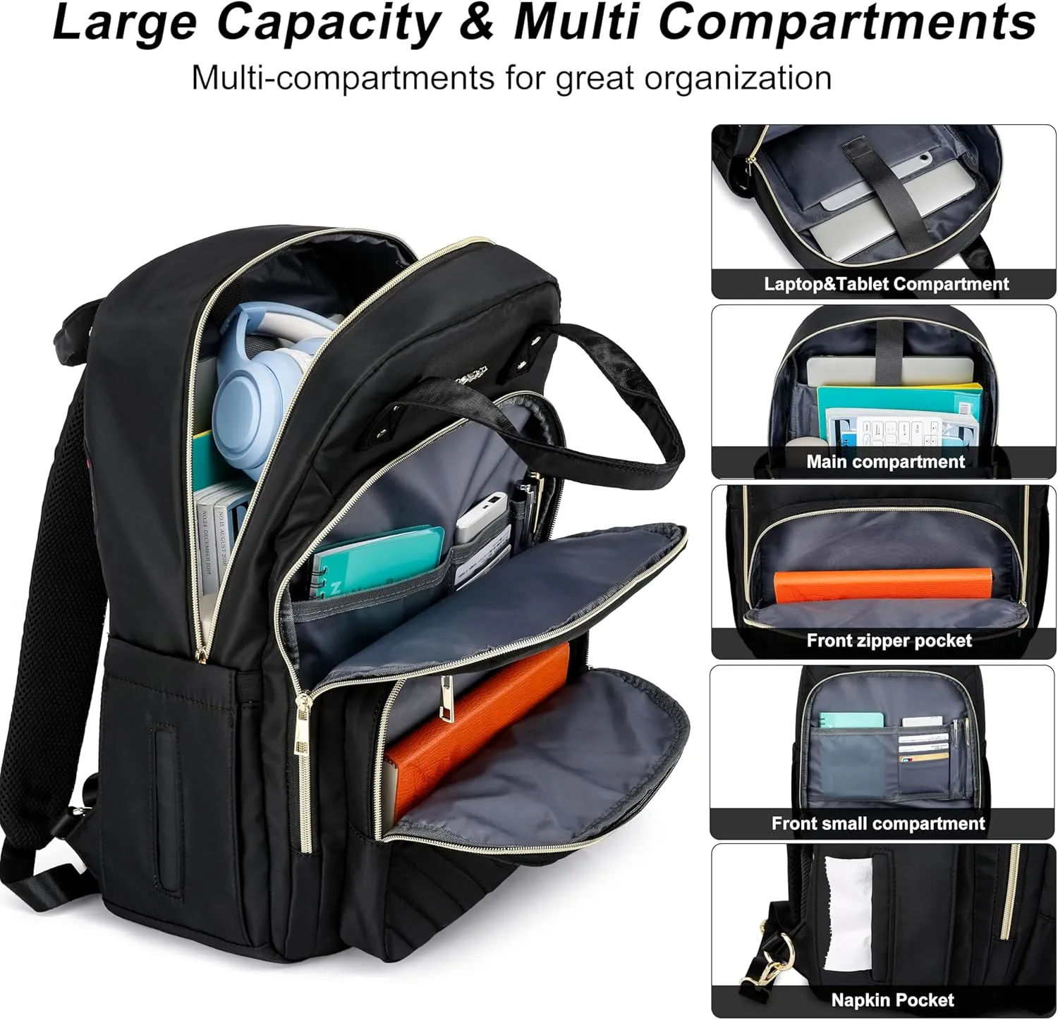 CAFELE Convertible 17.3 Inch Laptop Backpack for Women, Water Resistant Travel Work Black Backpacks Purse Business Teacher Nurse Computer Bag with USB Port,Quilted Black(2325H-01)