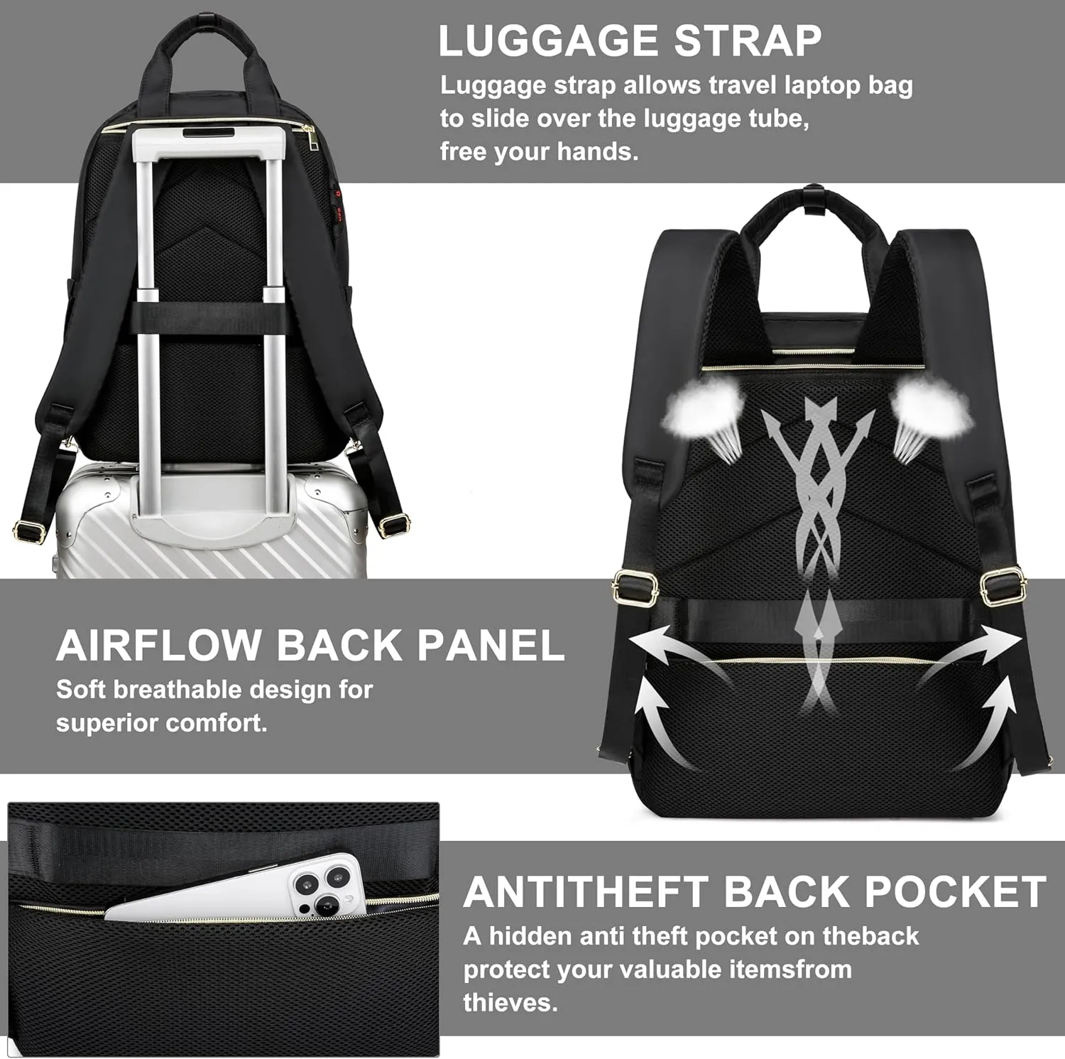 CAFELE Convertible 17.3 Inch Laptop Backpack for Women, Water Resistant Travel Work Black Backpacks Purse Business Teacher Nurse Computer Bag with USB Port,Quilted Black(2325H-01)