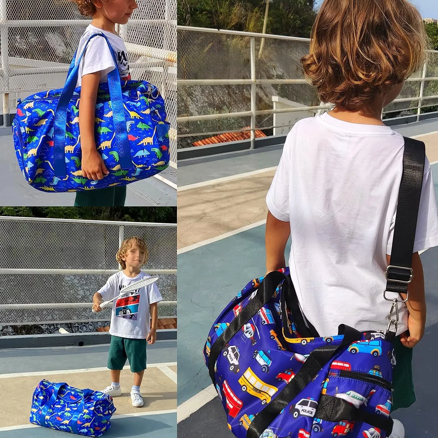 CAMTOP Kids Duffel Overnight Bag Boys Girls Toddler Weekender Carry-On Personalized Tote for Travel Gym Sport (Dinosaur-Dark Blue)