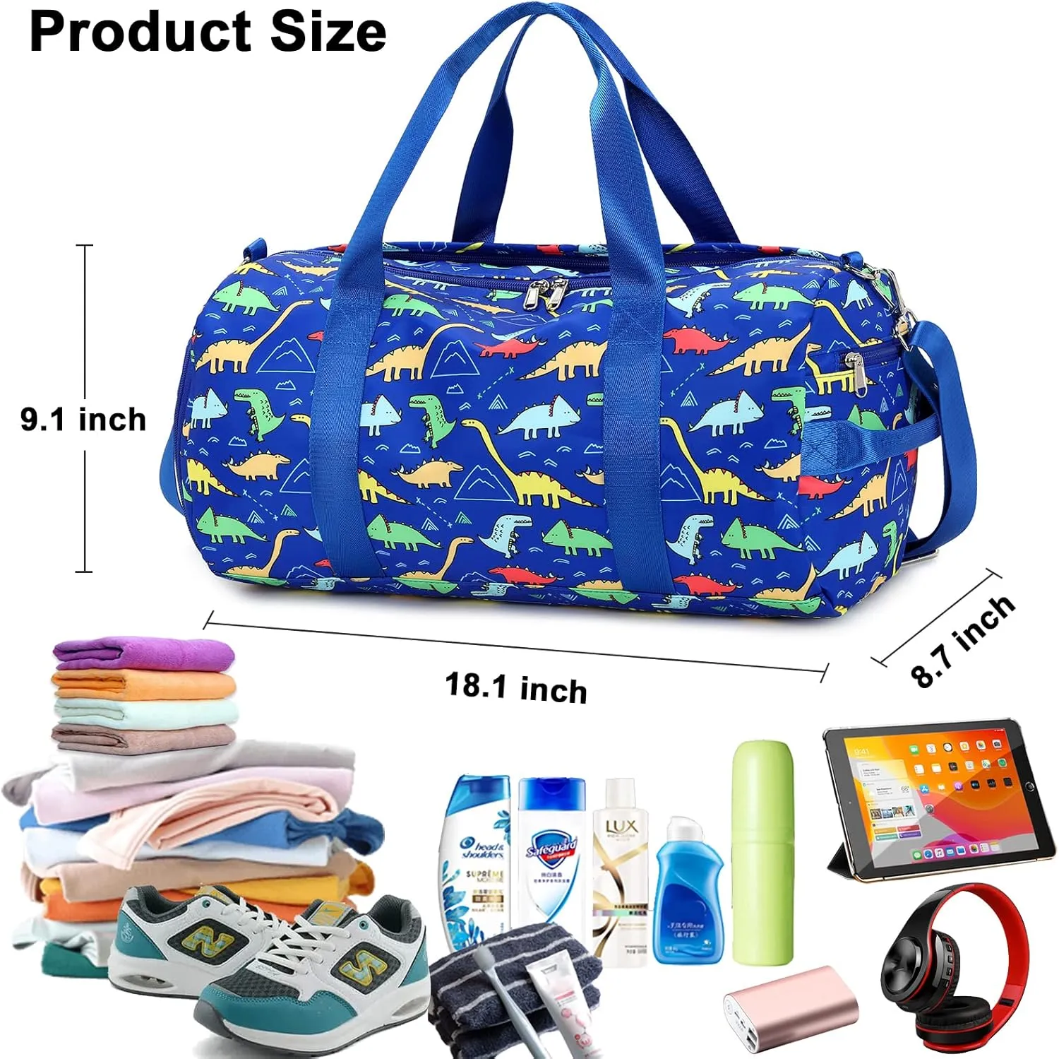CAMTOP Kids Duffel Overnight Bag Boys Girls Toddler Weekender Carry-On Personalized Tote for Travel Gym Sport (Dinosaur-Dark Blue)