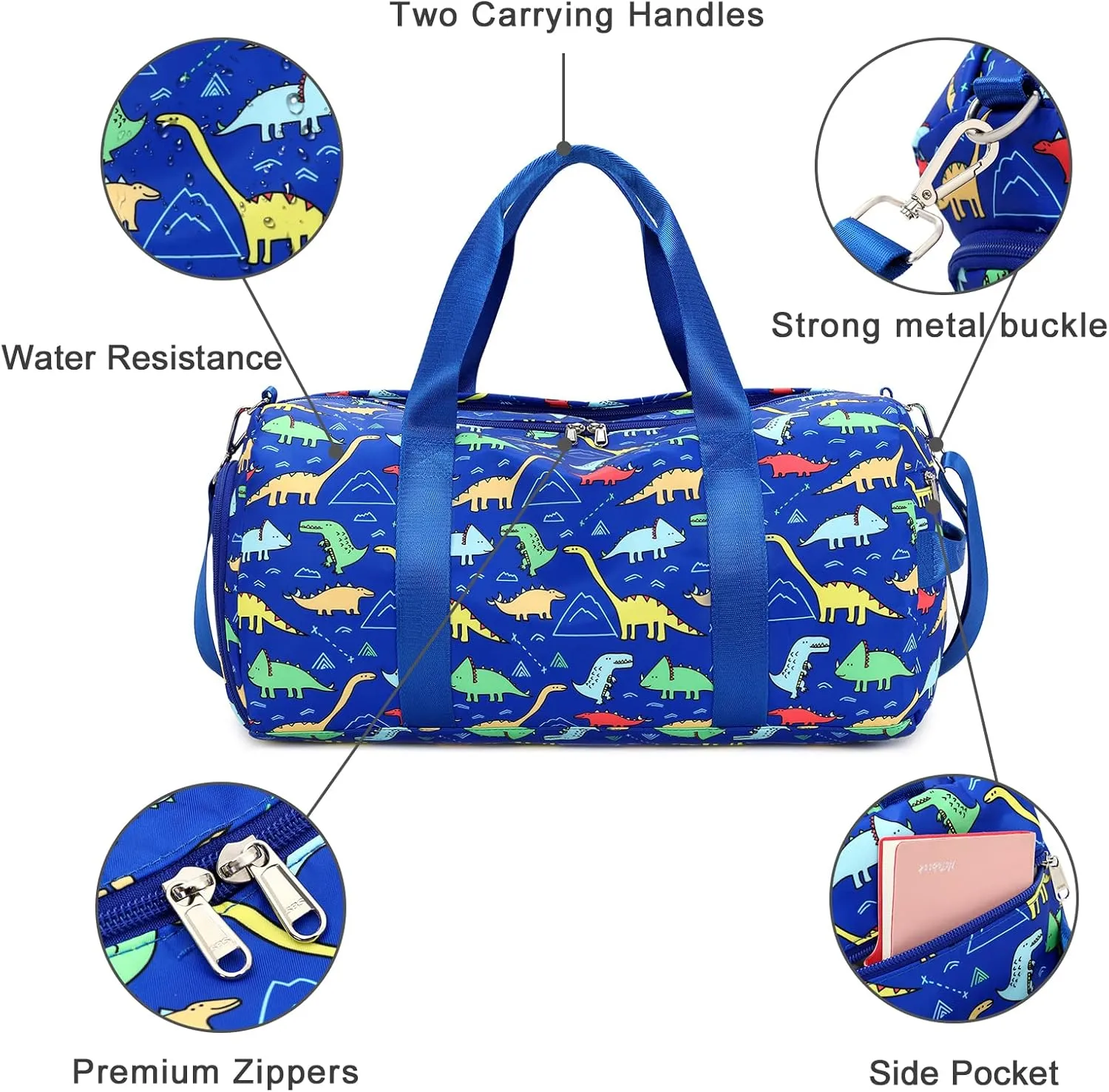 CAMTOP Kids Duffel Overnight Bag Boys Girls Toddler Weekender Carry-On Personalized Tote for Travel Gym Sport (Dinosaur-Dark Blue)