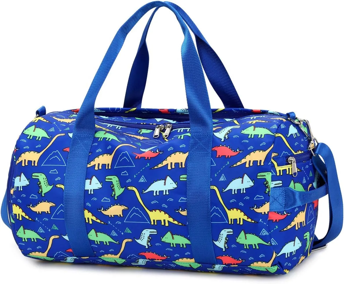 CAMTOP Kids Duffel Overnight Bag Boys Girls Toddler Weekender Carry-On Personalized Tote for Travel Gym Sport (Dinosaur-Dark Blue)