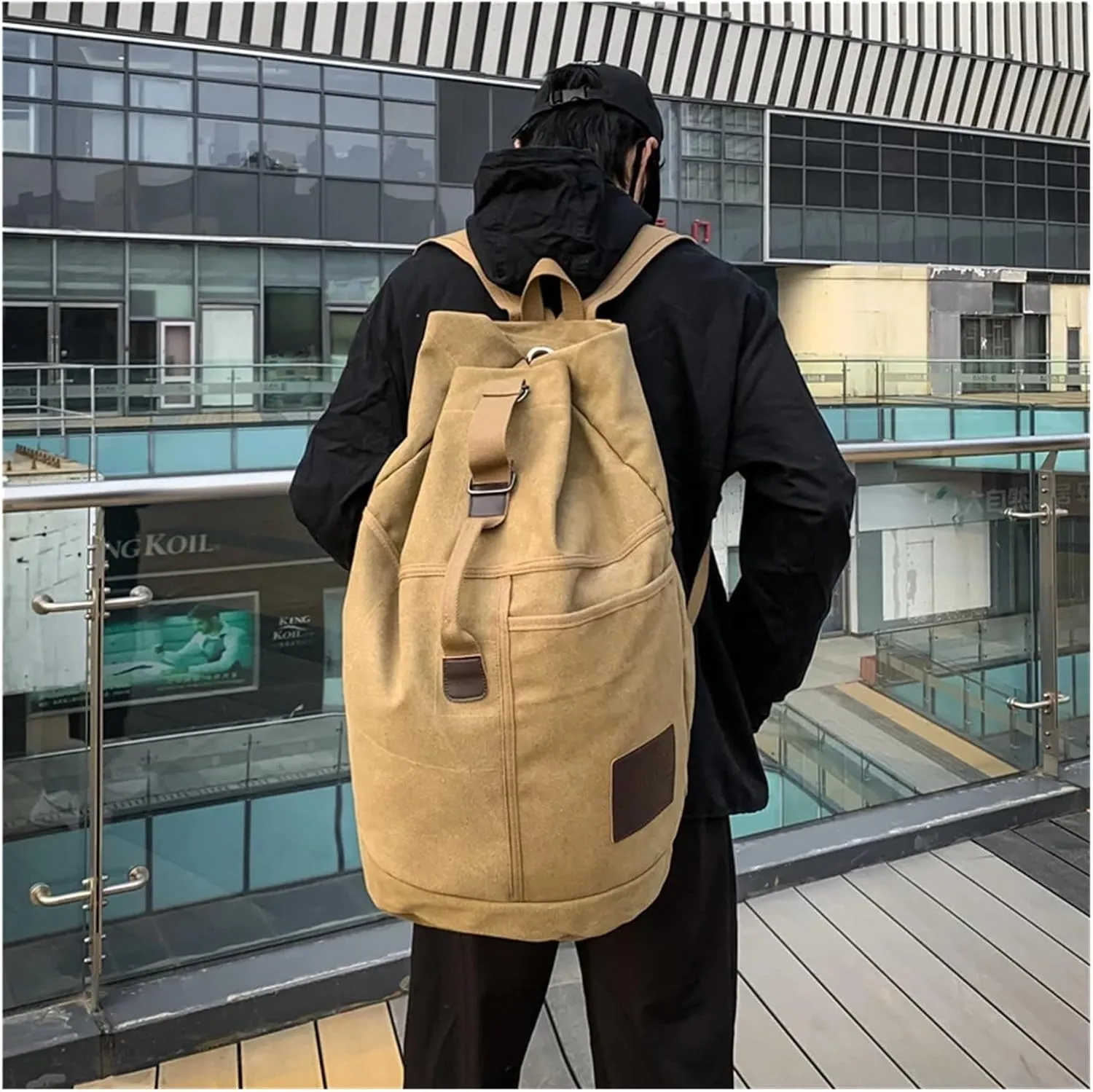 Carry On Backpack Sport Large Capacity Travel Backpacks Male Luggage Canvas Bucket Shoulder Bag Man Hiking Duffle Bags(Khaki,33x55x33cm)