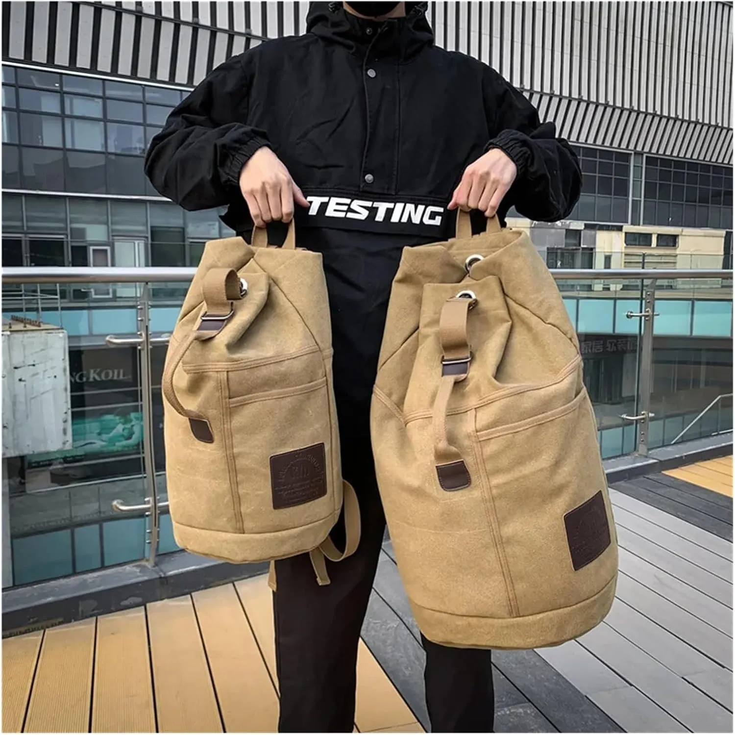 Carry On Backpack Sport Large Capacity Travel Backpacks Male Luggage Canvas Bucket Shoulder Bag Man Hiking Duffle Bags(Khaki,33x55x33cm)
