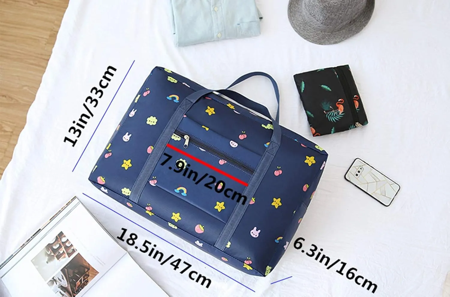 Carry-on Bag Foldable Flight Bag Travel Duffel Bag Travel Luggage Bag Lightweight Travel Luggage Duffle Tote Bag Waterproof Luggage Organizer Storage (Navy Blue Rainbow)