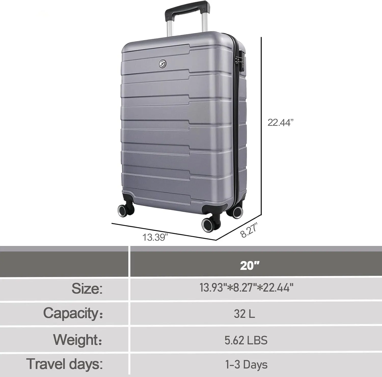 Carry On Luggage with Wheels,20 inch Hard Shell Rolling Suitcase for Travel,Lightweight Small Carry-On Luggage for Plane,Silver&Grey