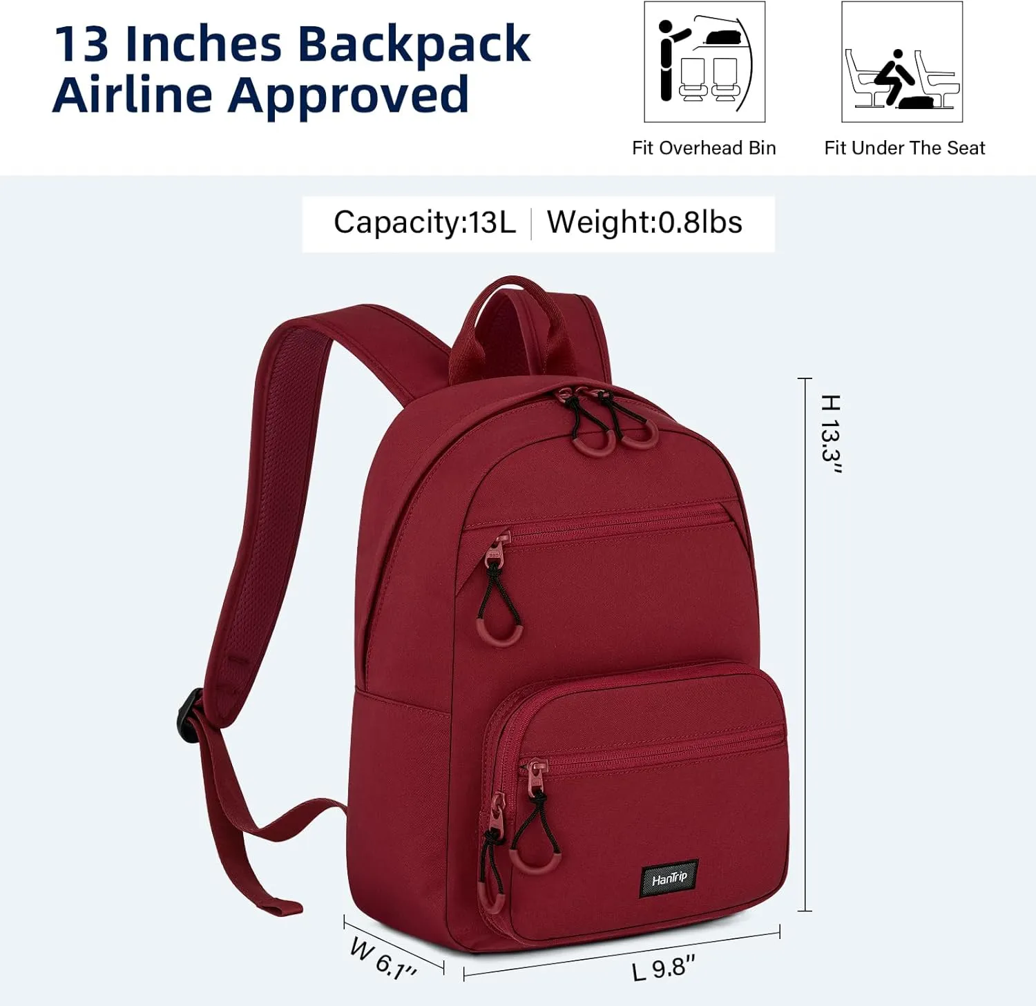 Carry On Travel Backpack For Men Women, 13 Inch Small Mini Work Bag Personal Item Backpacks, Camping Back Pack Lightweight Hiking Daypack For Office Nurse Commuter (Burgundy)