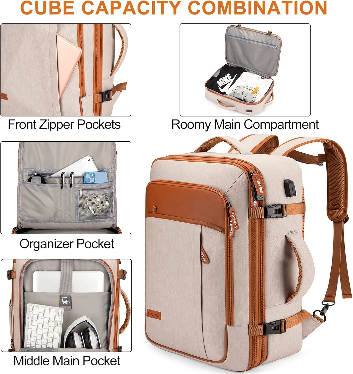 Carry on Travel Backpacks, Extra Large 40L Flight Approved for Men & Women,Expandable Suitcase With 4 Packing Cubes,Water Resistant Luggage Daypack Business Weekender Bag,Beige