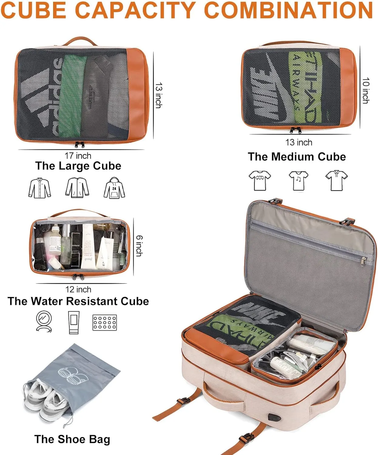 Carry on Travel Backpacks, Extra Large 40L Flight Approved for Men & Women,Expandable Suitcase With 4 Packing Cubes,Water Resistant Luggage Daypack Business Weekender Bag,Beige