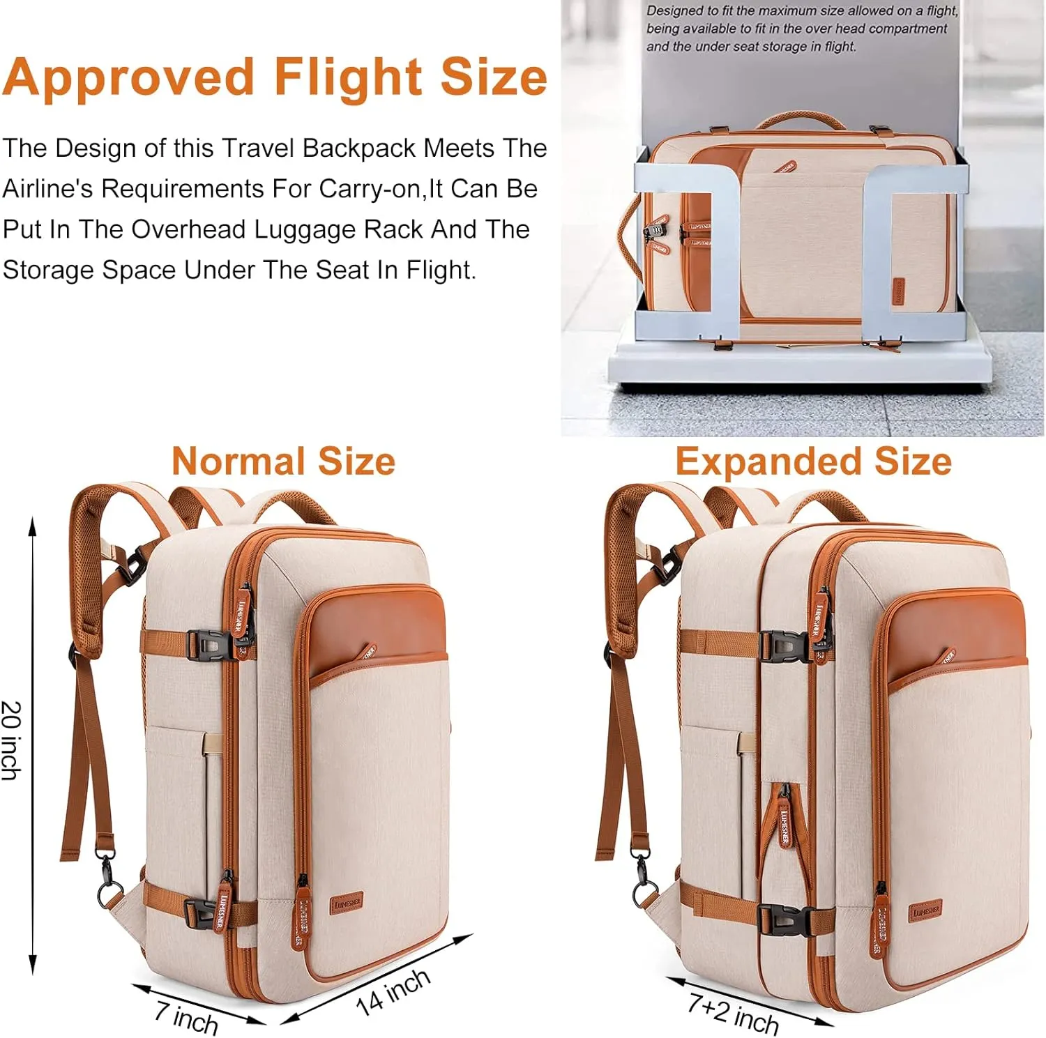 Carry on Travel Backpacks, Extra Large 40L Flight Approved for Men & Women,Expandable Suitcase With 4 Packing Cubes,Water Resistant Luggage Daypack Business Weekender Bag,Beige