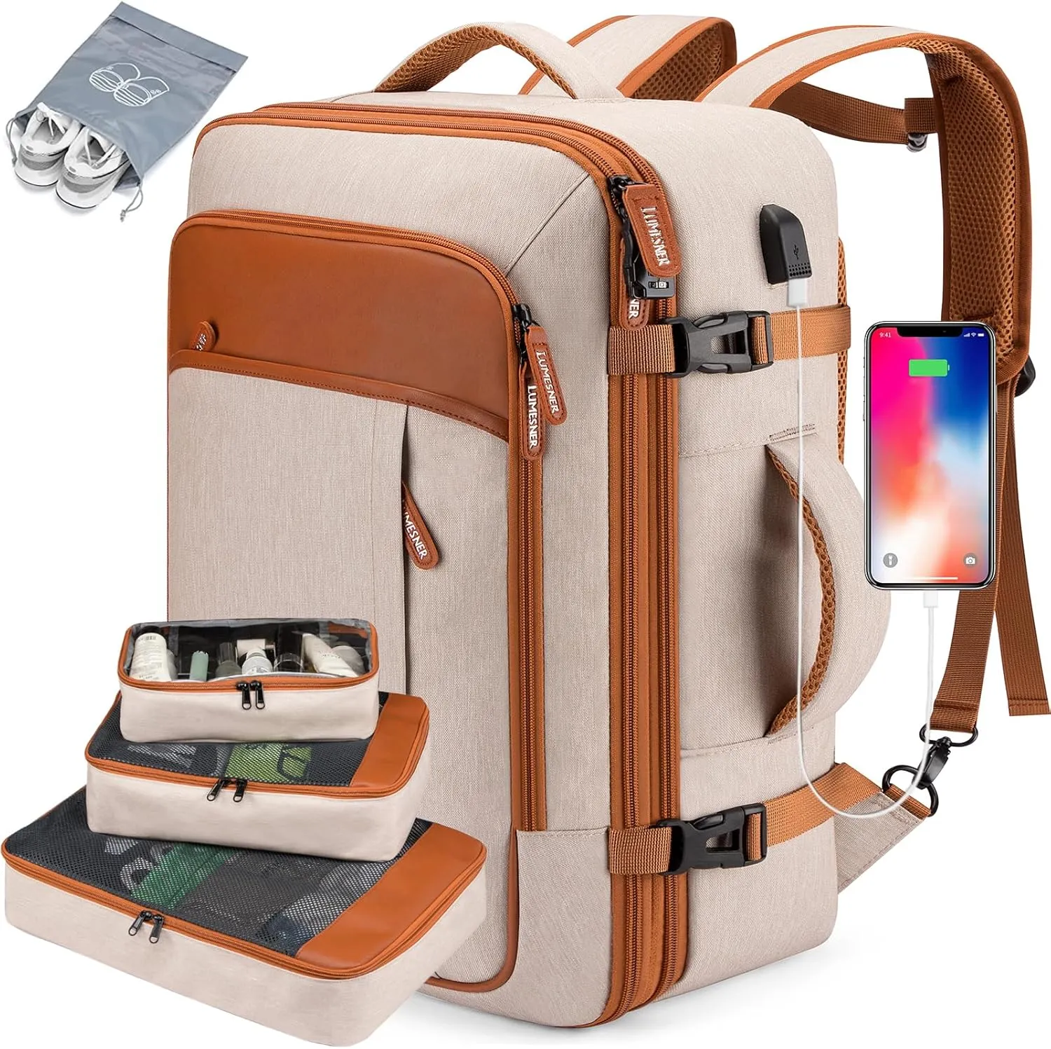 Carry on Travel Backpacks, Extra Large 40L Flight Approved for Men & Women,Expandable Suitcase With 4 Packing Cubes,Water Resistant Luggage Daypack Business Weekender Bag,Beige