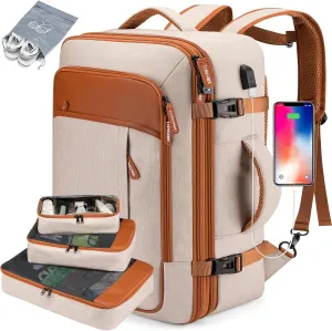 Carry on Travel Backpacks, Extra Large 40L Flight Approved for Men & Women,Expandable Suitcase With 4 Packing Cubes,Water Resistant Luggage Daypack Business Weekender Bag,Beige