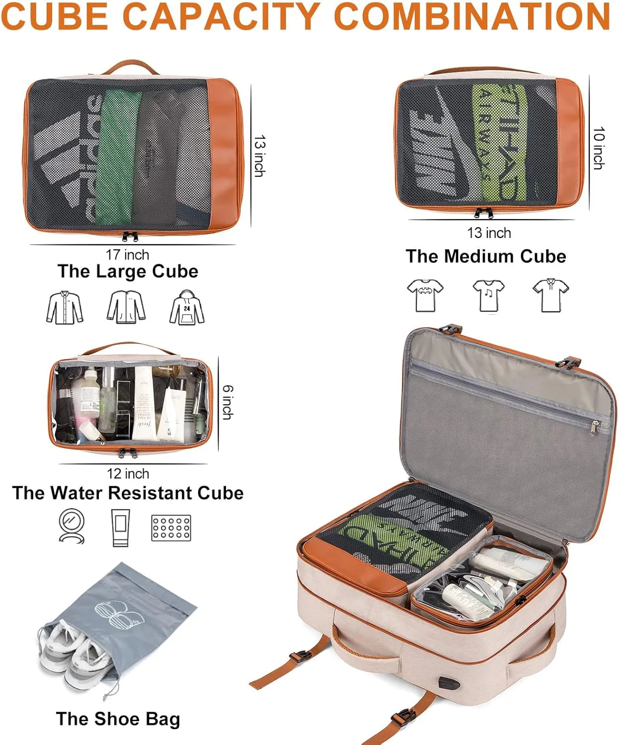 Carry on Travel Backpacks, Extra Large 40L Flight Approved for Men & Women,Expandable Suitcase With 4 Packing Cubes,Water Resistant Luggage Daypack Business Weekender Bag,Beige