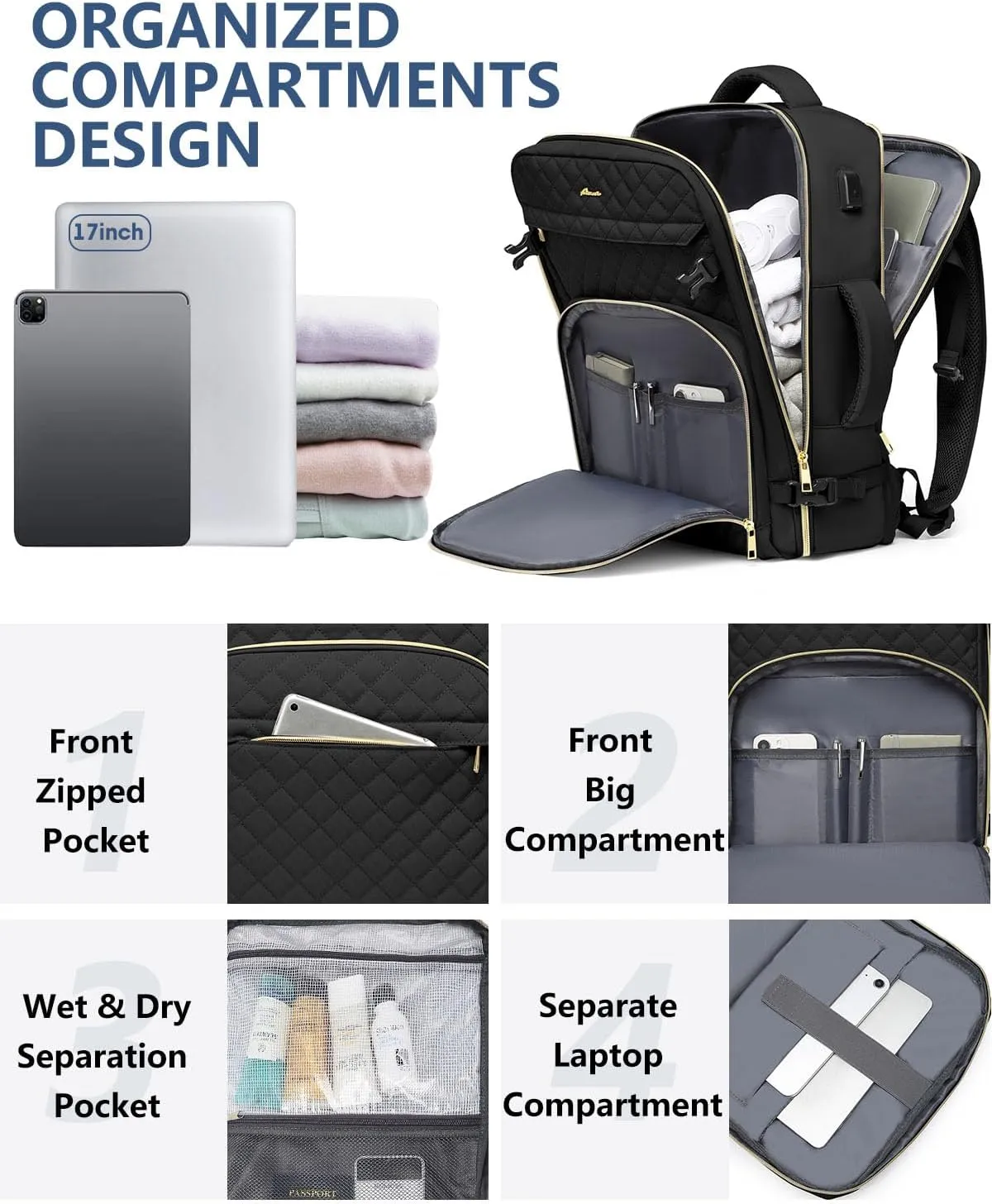 Carry On Women Travel Backpack: TSA Flight Approved Personal Item Backpacks Large 40L Waterproof Luggage Suitcase Backpack Fit 17 Inch Laptop Weekender Overnight Traveling Bag with USB Charge Black