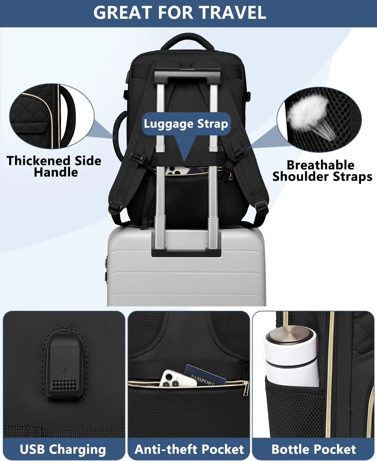 Carry On Women Travel Backpack: TSA Flight Approved Personal Item Backpacks Large 40L Waterproof Luggage Suitcase Backpack Fit 17 Inch Laptop Weekender Overnight Traveling Bag with USB Charge Black