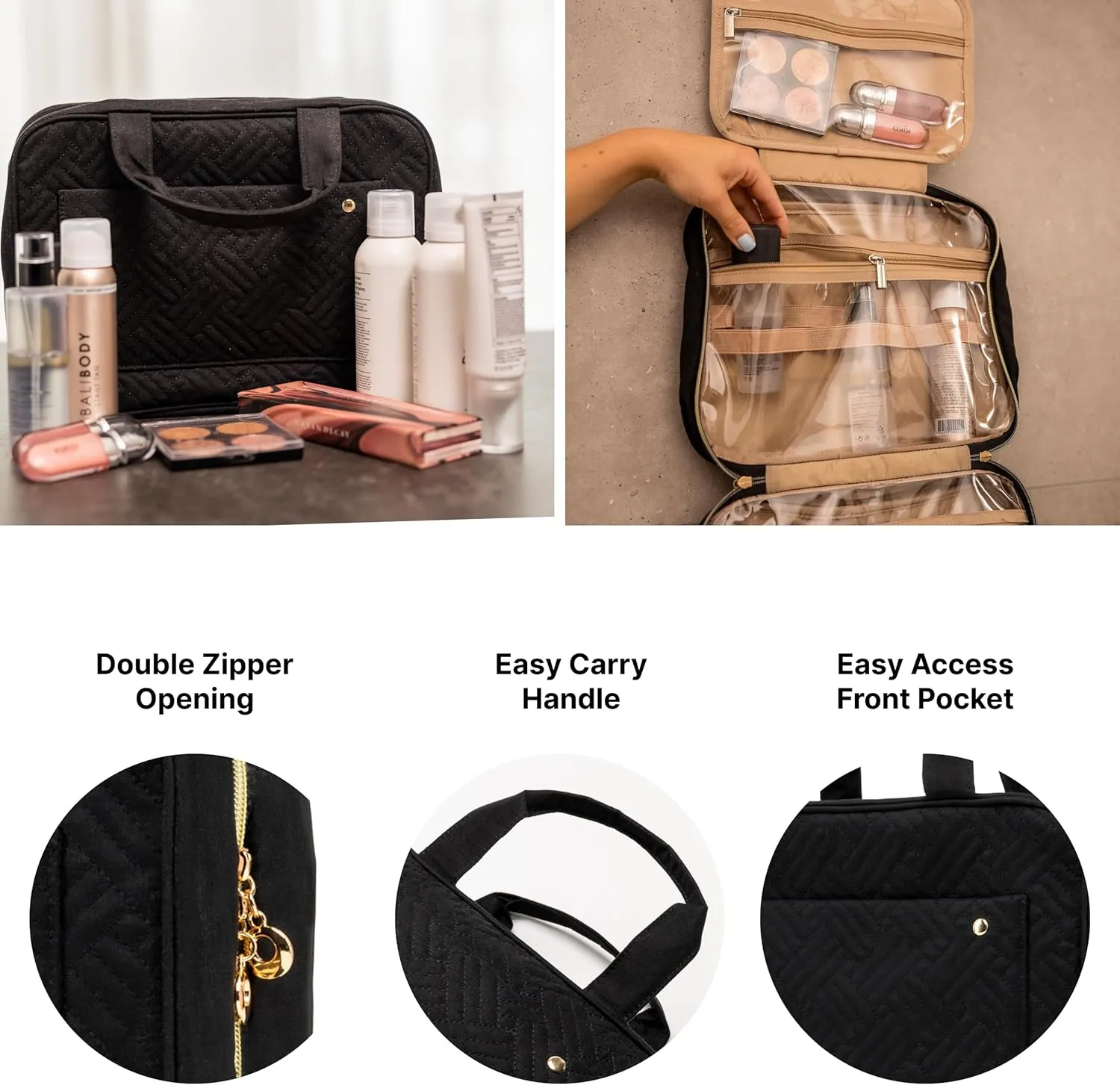 Carrywell (Not Made In China) Hanging Toiletry Bag For Women, Toiletries Bag, Travel Make Up Organizer, Water-Resistant Case For Cosmetics, Makeup and Brushes(Black, Large)