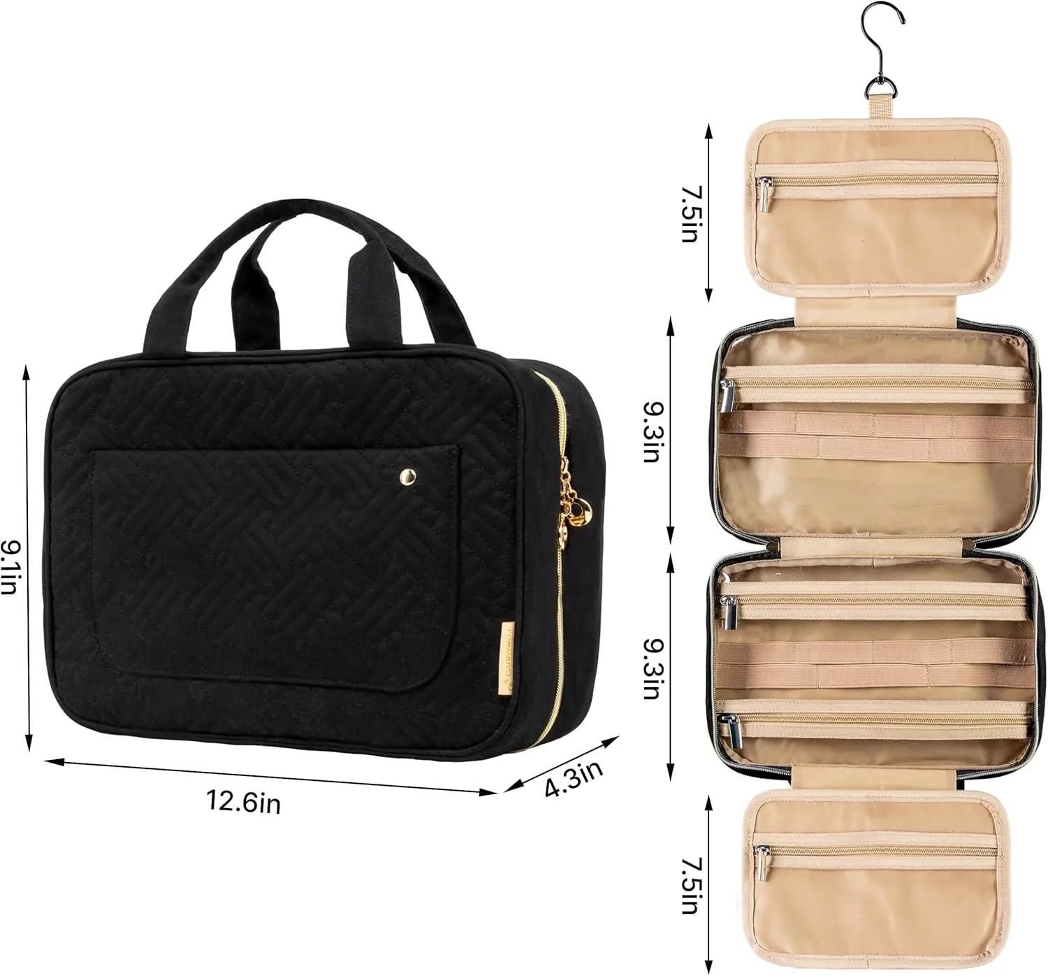 Carrywell (Not Made In China) Hanging Toiletry Bag For Women, Toiletries Bag, Travel Make Up Organizer, Water-Resistant Case For Cosmetics, Makeup and Brushes(Black, Large)