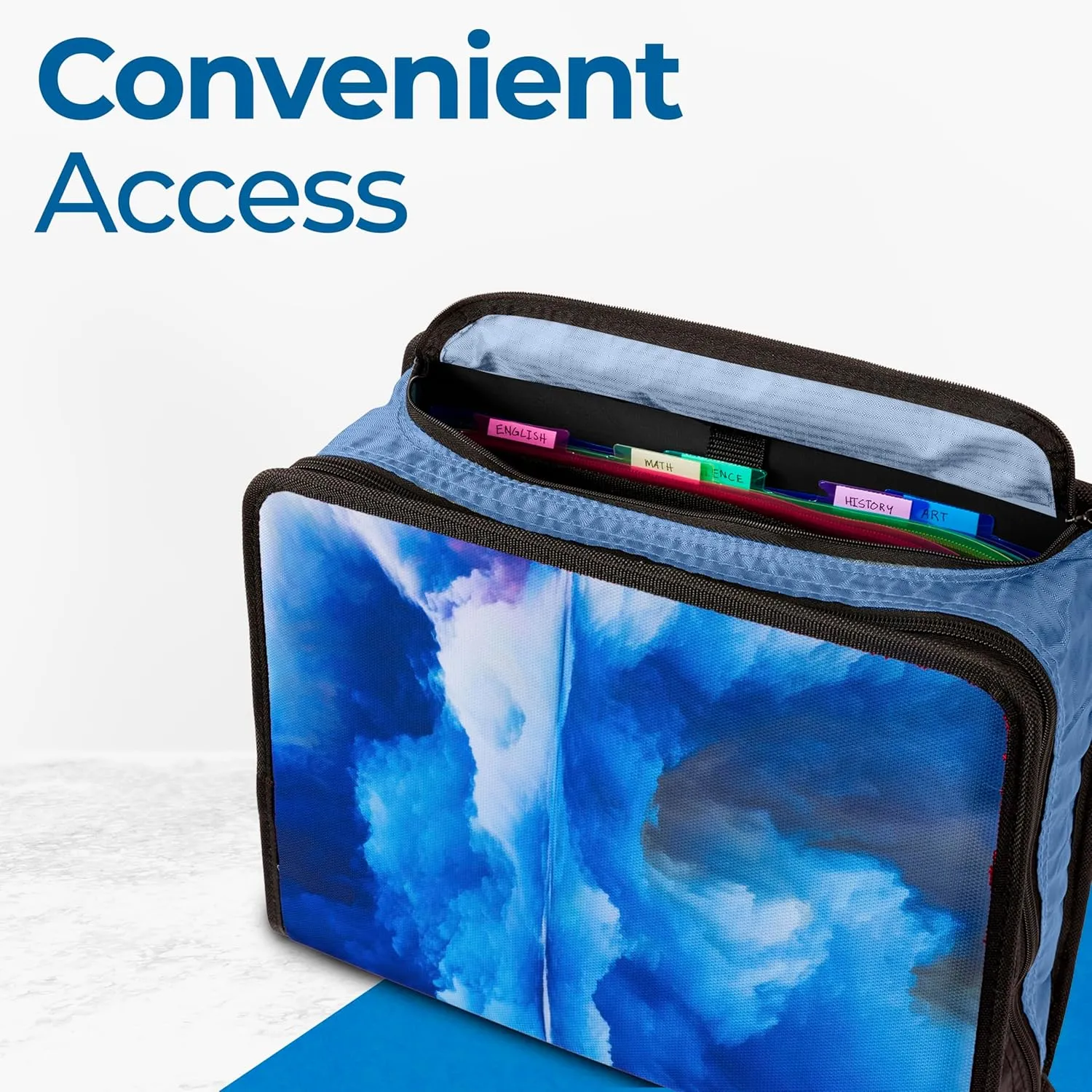 Case-it The Print Mighty Zip Tab Zipper Binder - 3 Inch O-Rings - 5 Color Tab Expanding File Folder - Multiple Pockets - 600 Sheet Capacity - Comes with Shoulder Strap - Glacier D-146-P