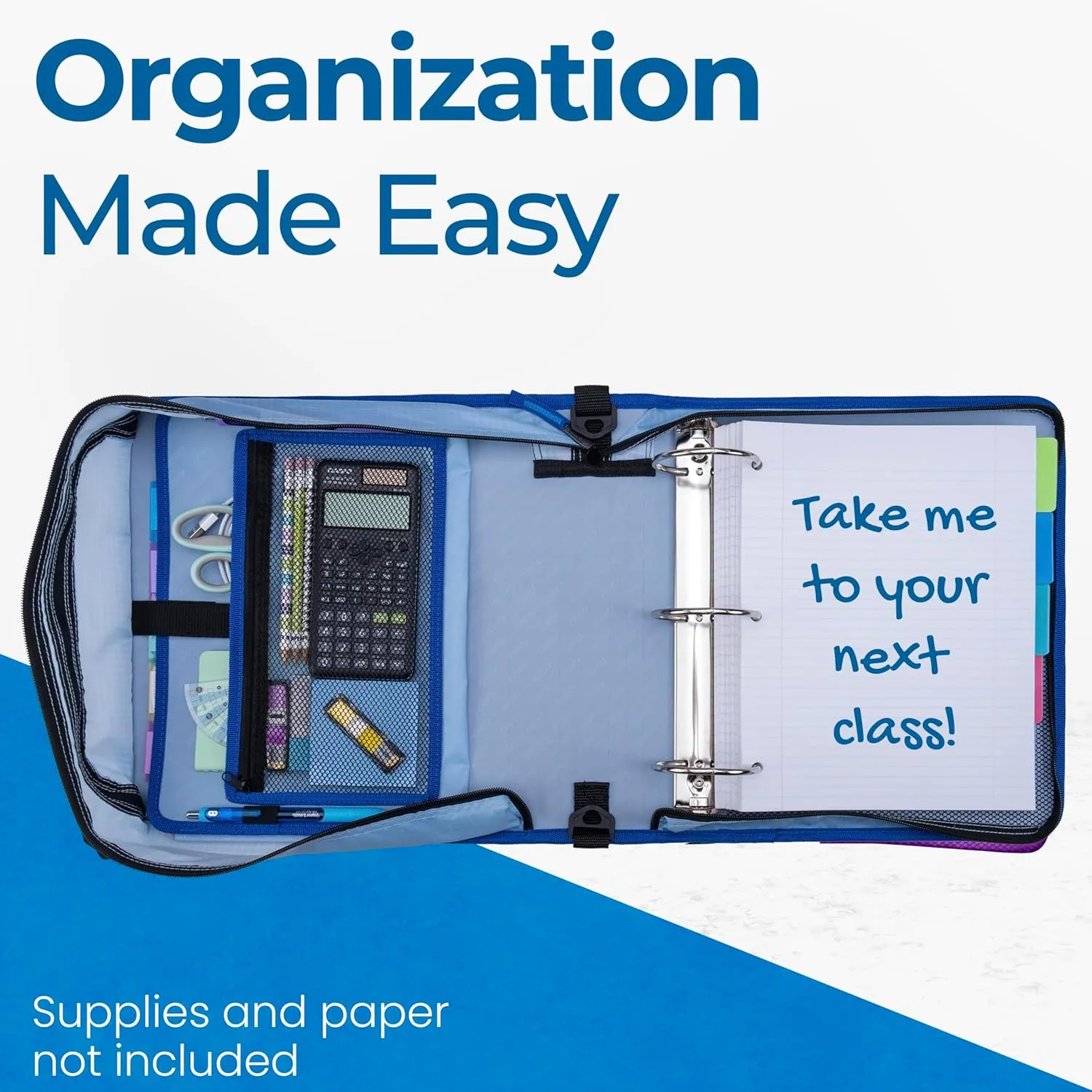Case-it The Print Mighty Zip Tab Zipper Binder - 3 Inch O-Rings - 5 Color Tab Expanding File Folder - Multiple Pockets - 600 Sheet Capacity - Comes with Shoulder Strap - Glacier D-146-P